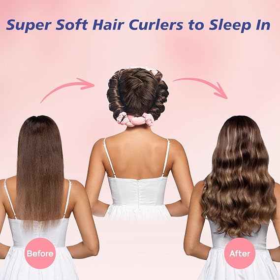 Heatless Curls Overnight - Heatless Hair Curler Headbands for Women, Hair Curlers to Sleep in with Scrunchies and Clip, Hair Rollers for Women Long Hair, Soft Velvet, No Heat Damage (Pink)