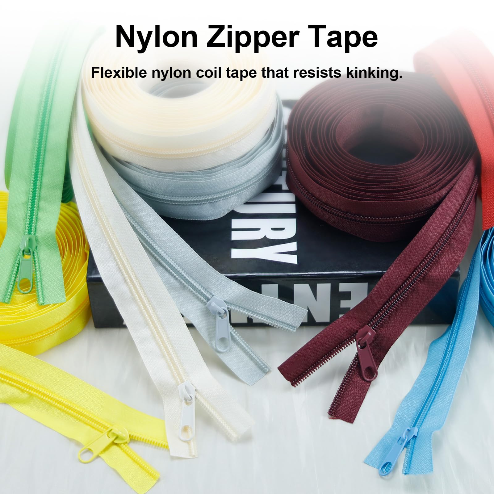 The Yard Colors - Nastro per cerniera in nylon #3 per cucito: cerniere YZSFIRM da 70 m per fai da te, cucito, rotolo di ricambio con 10 cursori per cerniera in metallo sfuso - 10 cursori a doppia