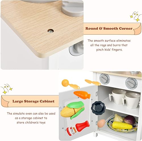 Miniatura 4 de Costzon Juego de cocina para niños, cocina de madera con fregadero, horno, microondas, estufa, ollas, utensilios, juego de cocina con estante,