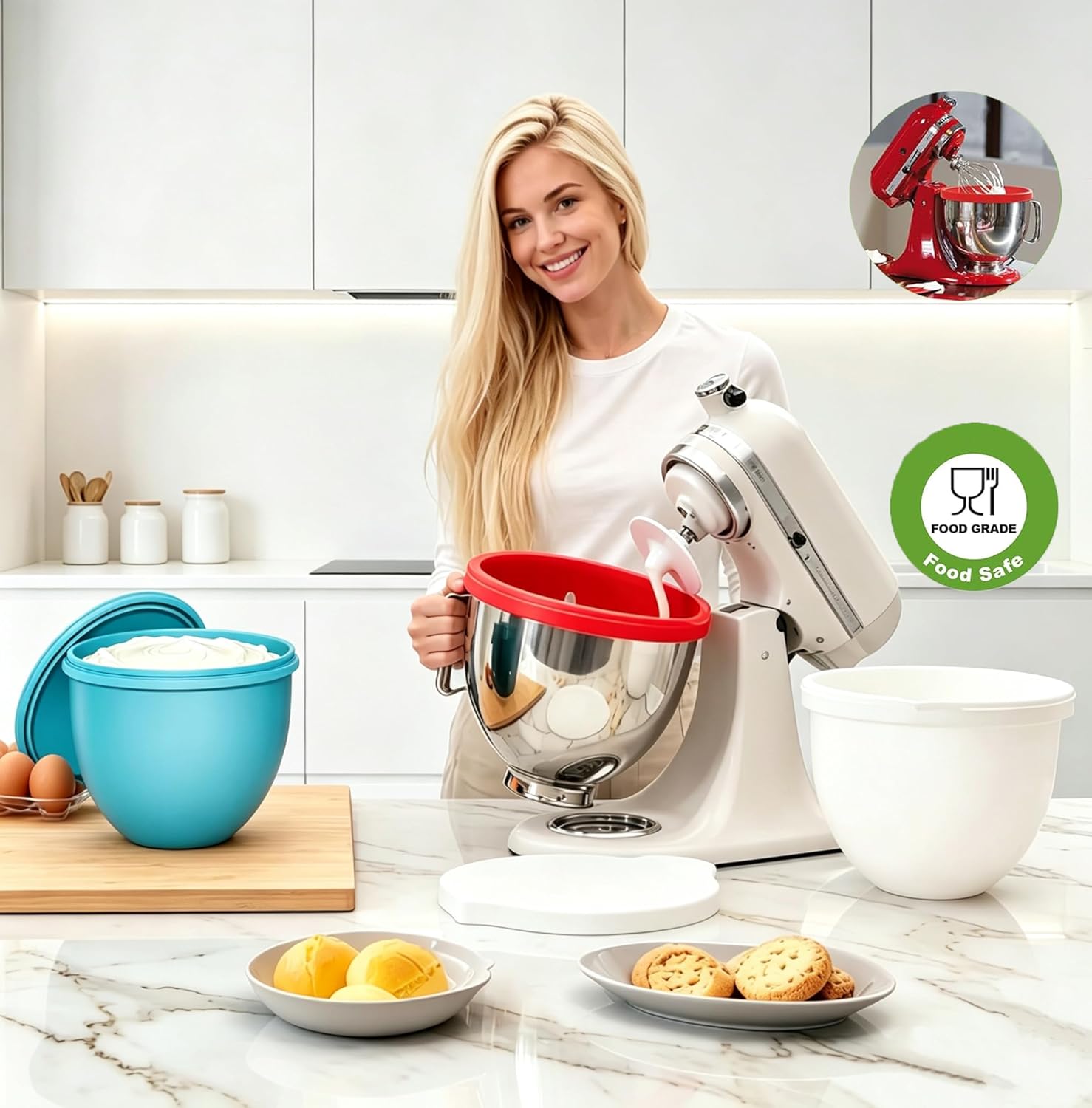 Silicone Bowl Liners for KitchenAid Tilt-Head 4.5 Qt Mixers, Silicone Bowl Insert, Adjustable Air Valve, Thicker, Easy Clean, 3 Liners and 3 Lids