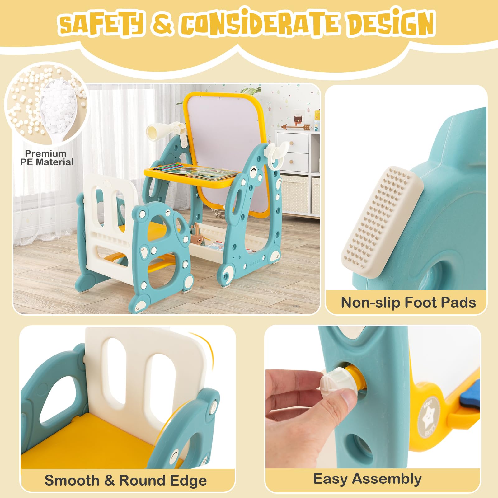 HOMASIS Cavalletto da pittura per bambini con sedia, lavagna per bambini ad altezza regolabile, tavolino multifunzione e salvaspazio, con penne, gomma per lavagne bianche, blu e giallo