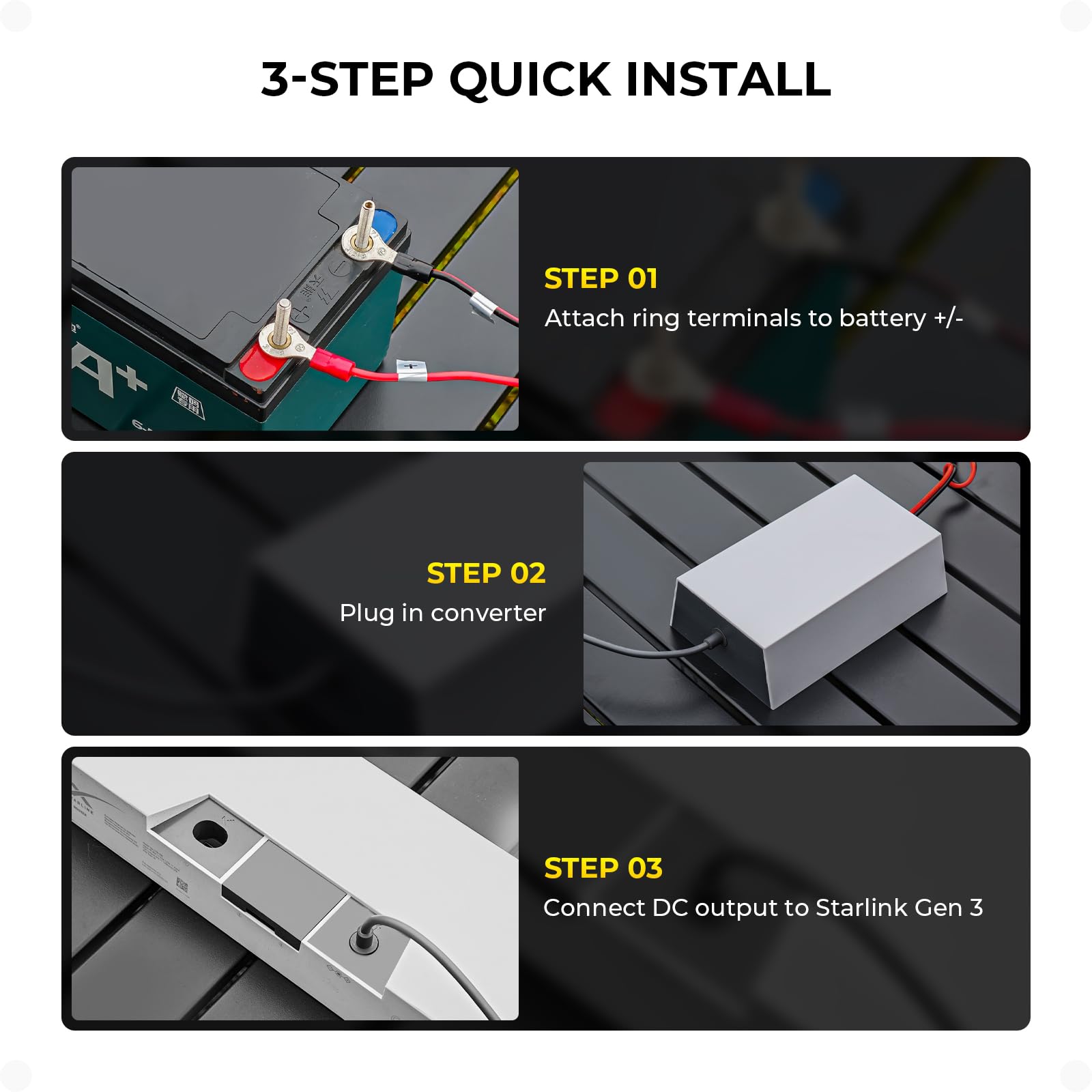 Car Battery Connector to DC Female Adapter for Starlink Gen 3, Direct Vehicle Battery Connection for Stable 12V-36V Input, 57V 5A Output, Quick Setup, Ideal for Long Trips & Camping