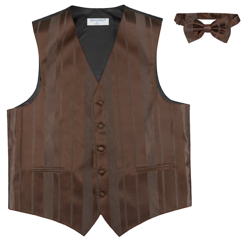 Vesuvio Napoli Men's Dress Vest & BOWTie DARK BROWN Color Woven Striped Design Bow Tie Set sz L