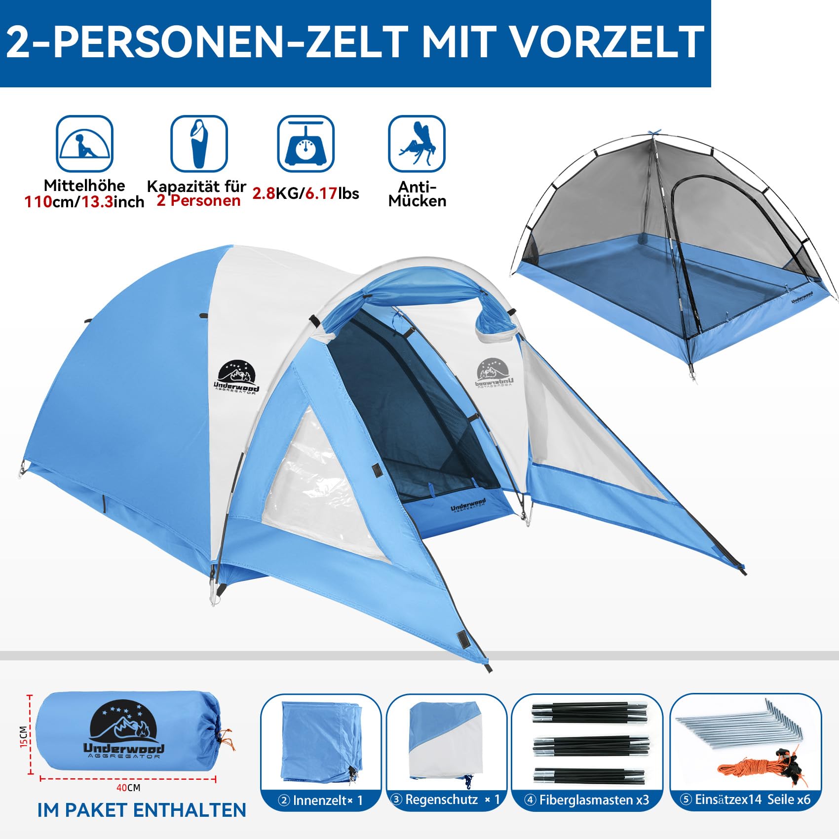 2 -Mann -Zelt mit geräumiger 110 × 100 cm Veranda - 3000 mm wasserdichtes Doppelhaut Dome, leichtes Windschutzgebiet für Camping, Wandern, Rucksackpacken, Festivals