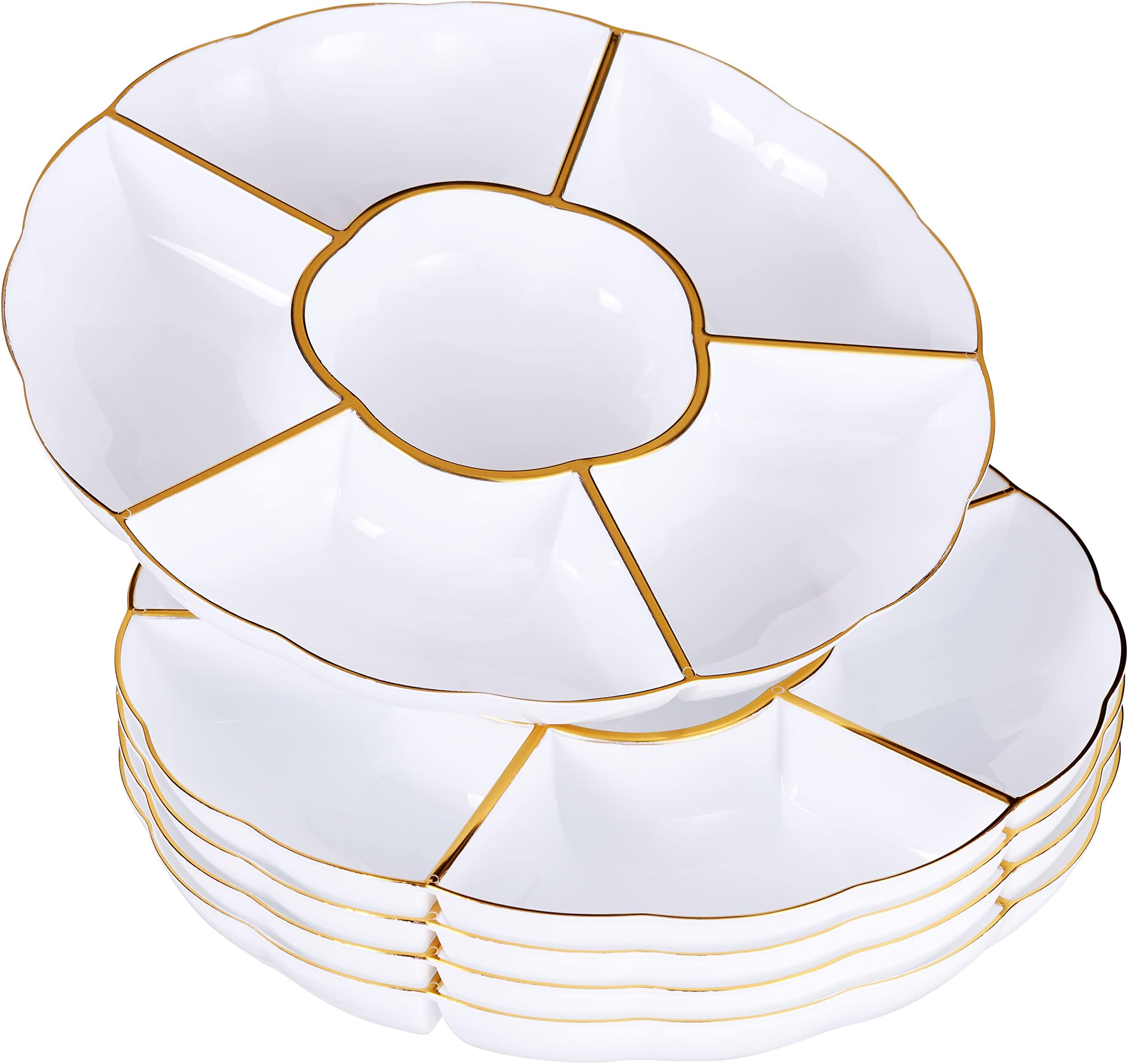 5 Pack White 6-Compartment Plastic Trays with Gold Rim, 30cm - 6 Section Food Serving Platters for Party Snacks, Appetizers, Fruits, Nibbles, Condiments - Sturdy & Reusable