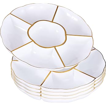 MATANA 5 White Snack Plates with Gold Rim &amp; 6 Compartments (Plastic, 31 cm) - Serving Plates, Snack Bowls &amp; Dip Bowls - Picni
