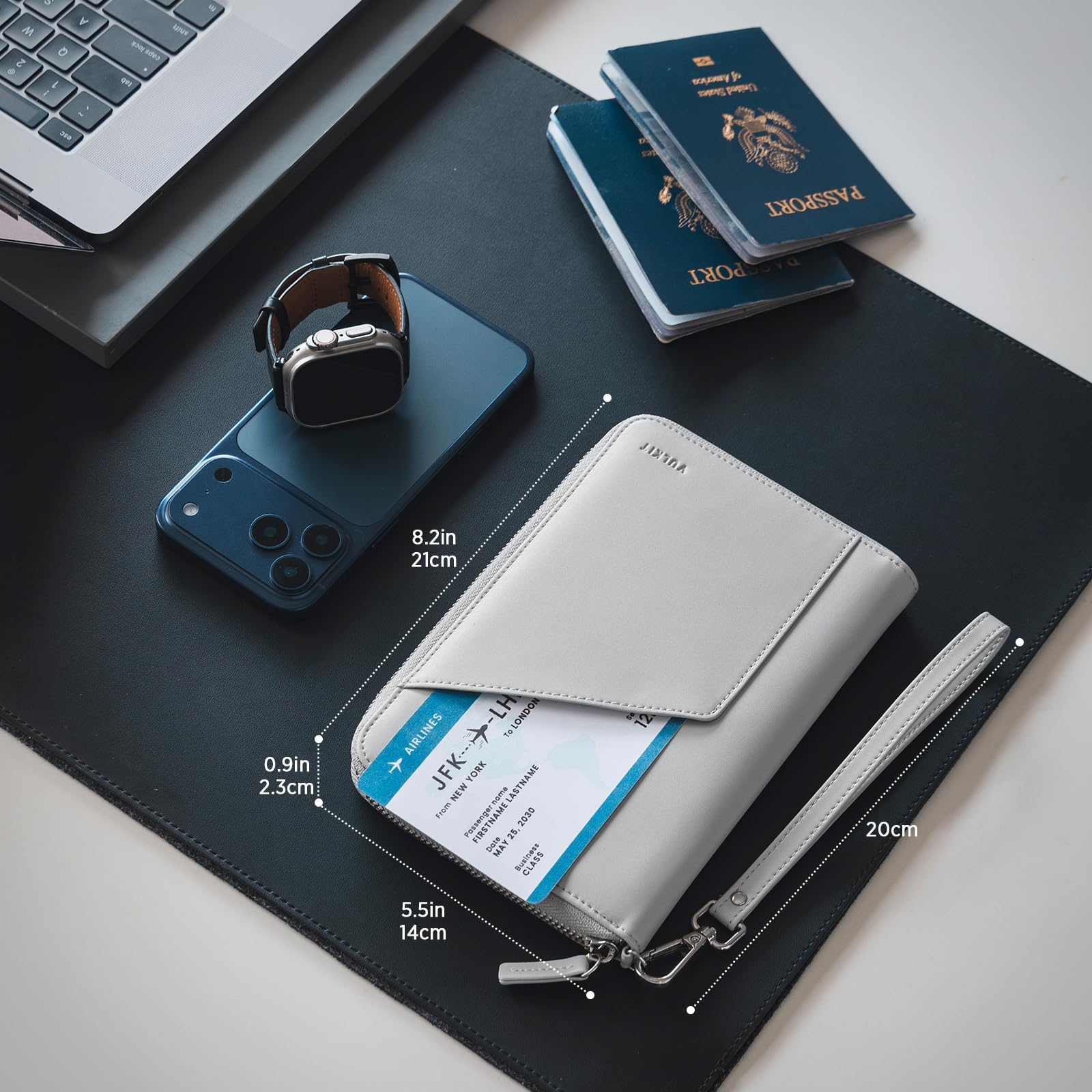 VULKIT Skórzany uchwyt na paszport rodzinny organizer na dokumenty podróżne z blokadą RFID, portfel podróżny, wąskie, podwójne gniazda, karty SIM i uchwyty na karty, szary, Minimalistyczny