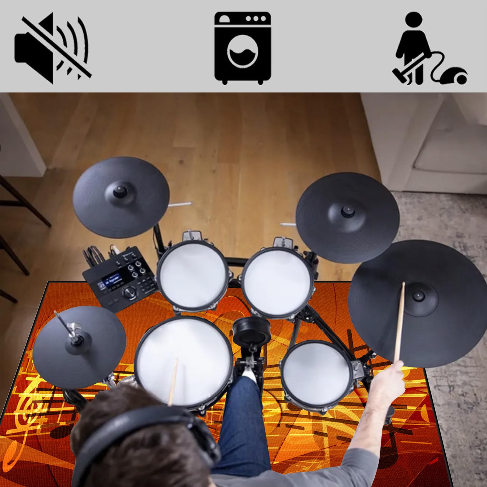 Dywan Bateria Dywan Bębnowy Dywan Akustyczny 160 x 100 cm Dźwiękoszczelne Antypoślizgowe Dywaniki do Elektronicznych Bębnów Bębenowych Bęben bębnowy Instrumenty muzyczne Dywan