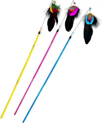 CHIWAVA Paquete de 3 varitas de juguete para gatos de plumas de perlas combinadas de 25 pulgadas con campana, interactivo, colores surtidos