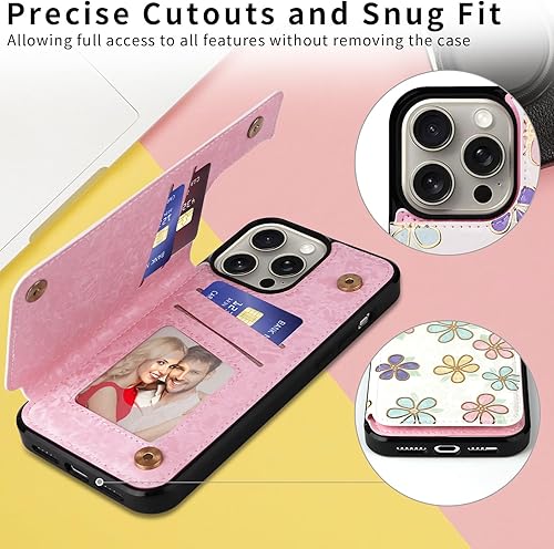 Miniatura 149 de UEEBAI Funda tipo cartera para iPhone 15 Pro Max con tarjetero, cubierta de cuero PU con soporte, bloqueo RFID, doble cierre magnético, relieve de