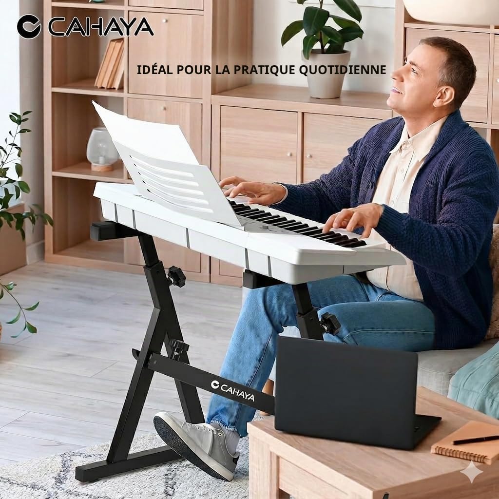 CAHAYA Support de clavier réglable amélioré, capacité de charge 113 kg : support de clavier 4 cm d'épaisseur double en Z, hauteur réglable longueur réglable pour piano numérique 61 76 88 touches