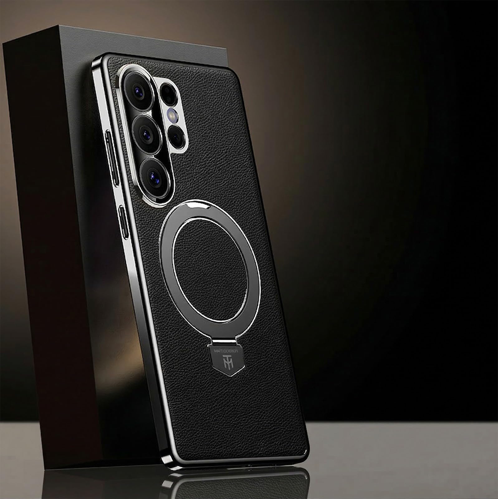 Étui Samsung S24 Ultra texture cuir premium noir avec bague support - 5