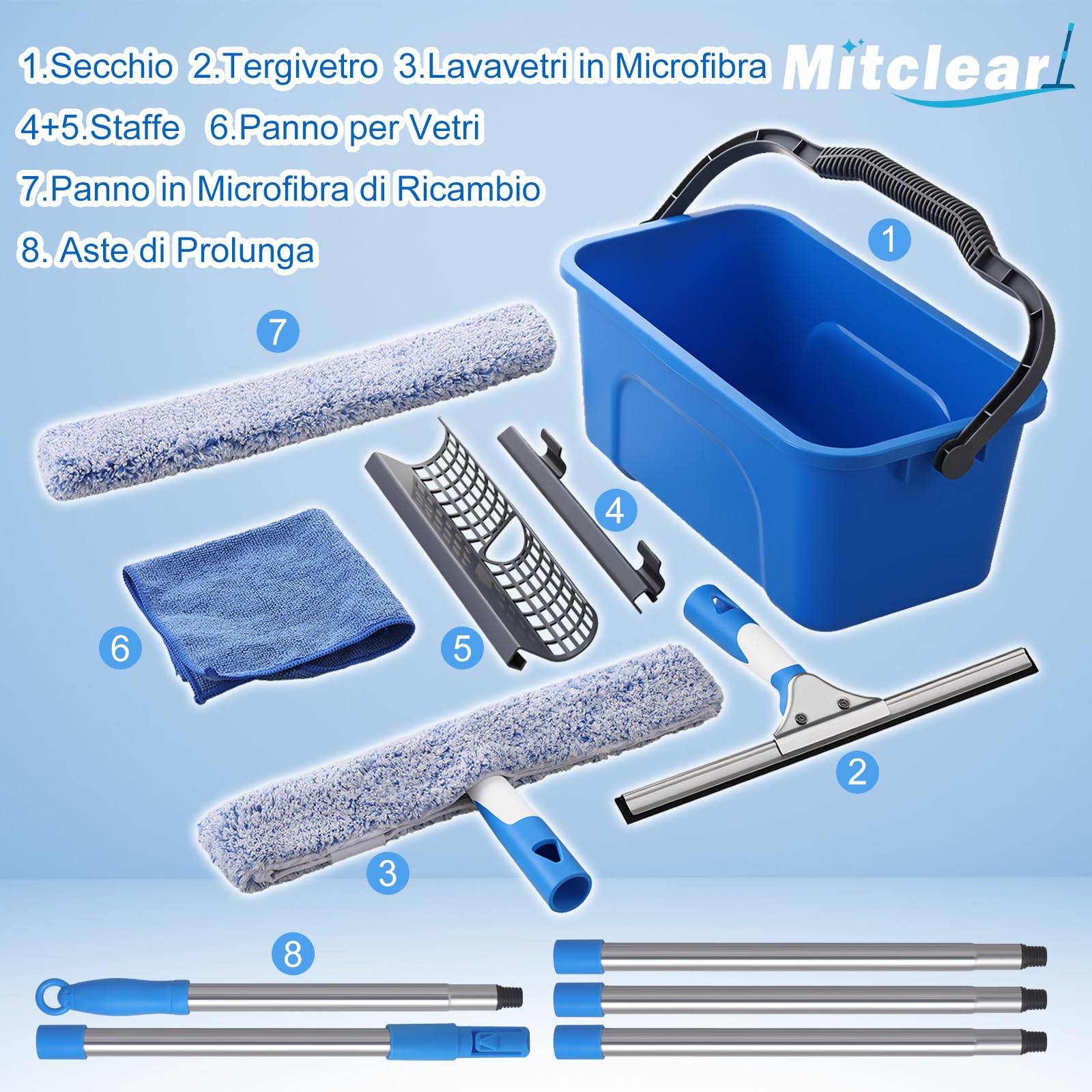 Mitclear Kit Professionale per Pulizia dei Vetri, 8 Pezzi, Secchio da 12L, Tergivetro in Silicone, Lavavetri in Microfibra, 196cm Manico Telescopico, Panno, Strumenti Pulizia di Vetri, Finestre, Auto