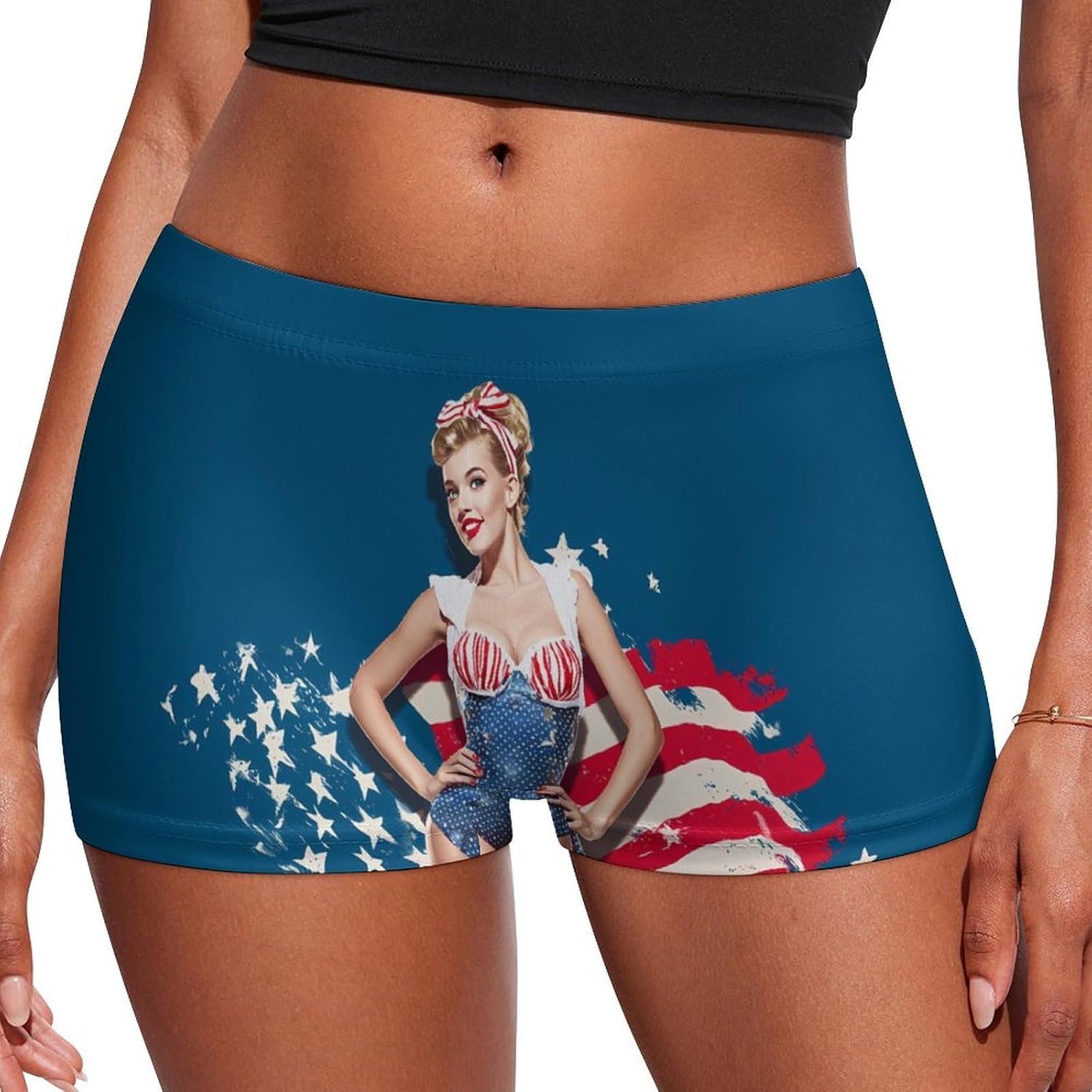 Vintage Pin Ups with U.S. Flag Funny Women's Boxer Briefs Breathable Underpants Trunks Stretch Underwear