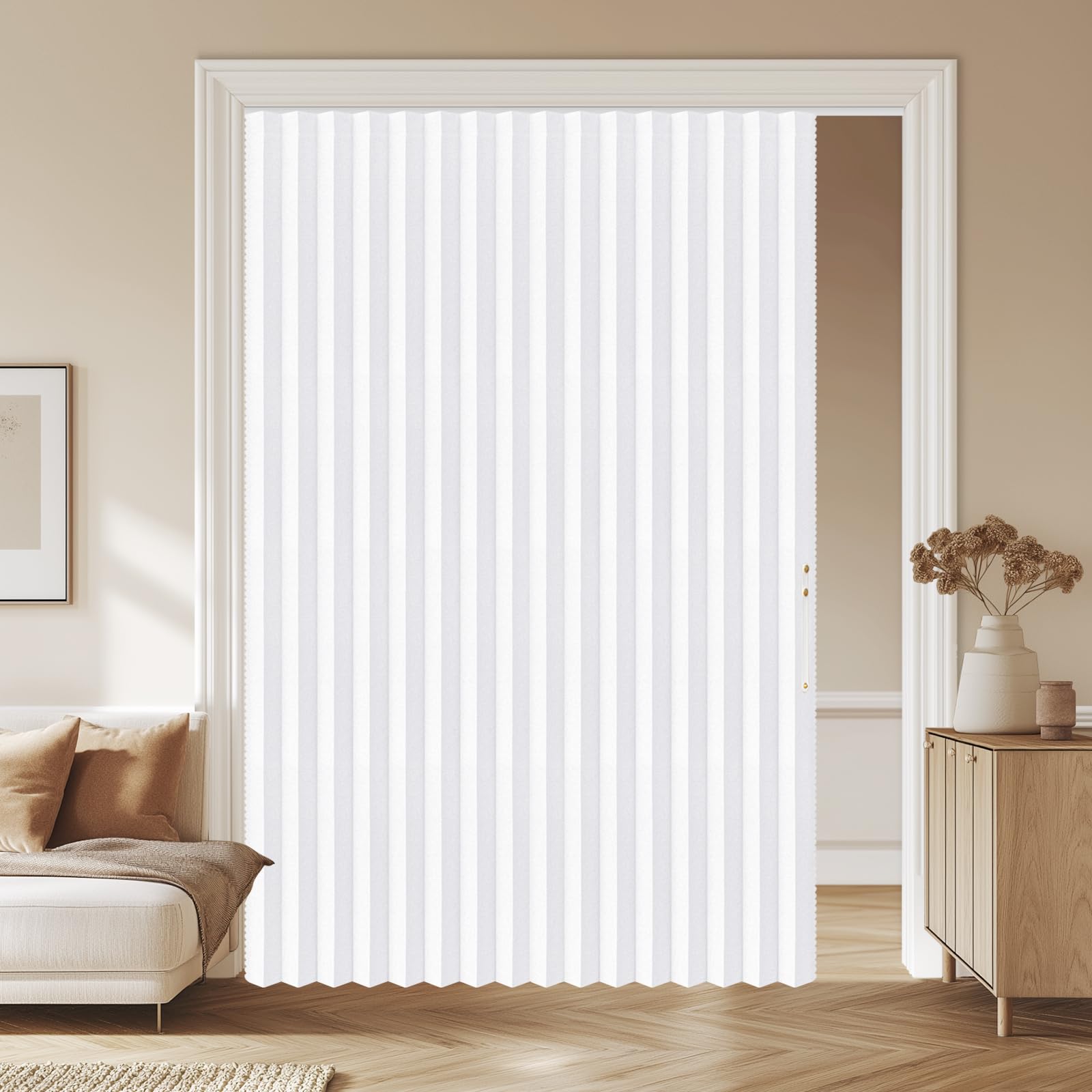 AJAZZ Accordion Doors Interior with Adhesive Ceiling Curtain Track Magnetic Closet Curtain 100% Blackout Temporary Door Curtains Set White 72 x 79 Inch