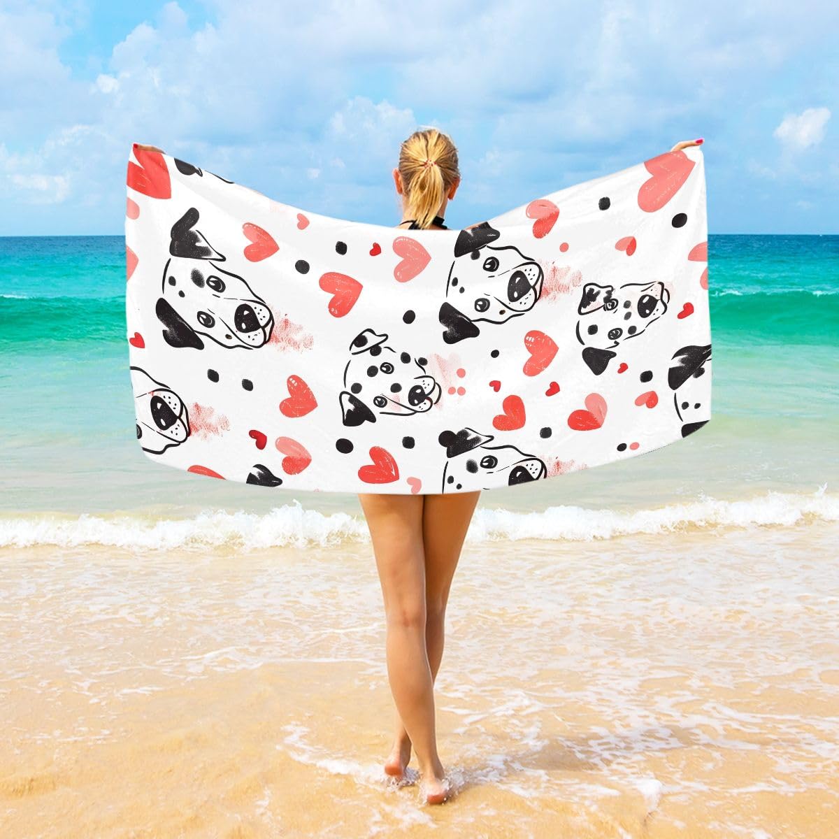 Love Dalmatian Beach Towel 30" x 60", Super Absorbent Bath Towel Quick Dry Lightweight Towel for Beach Yoga Travel Swim Camping Holiday