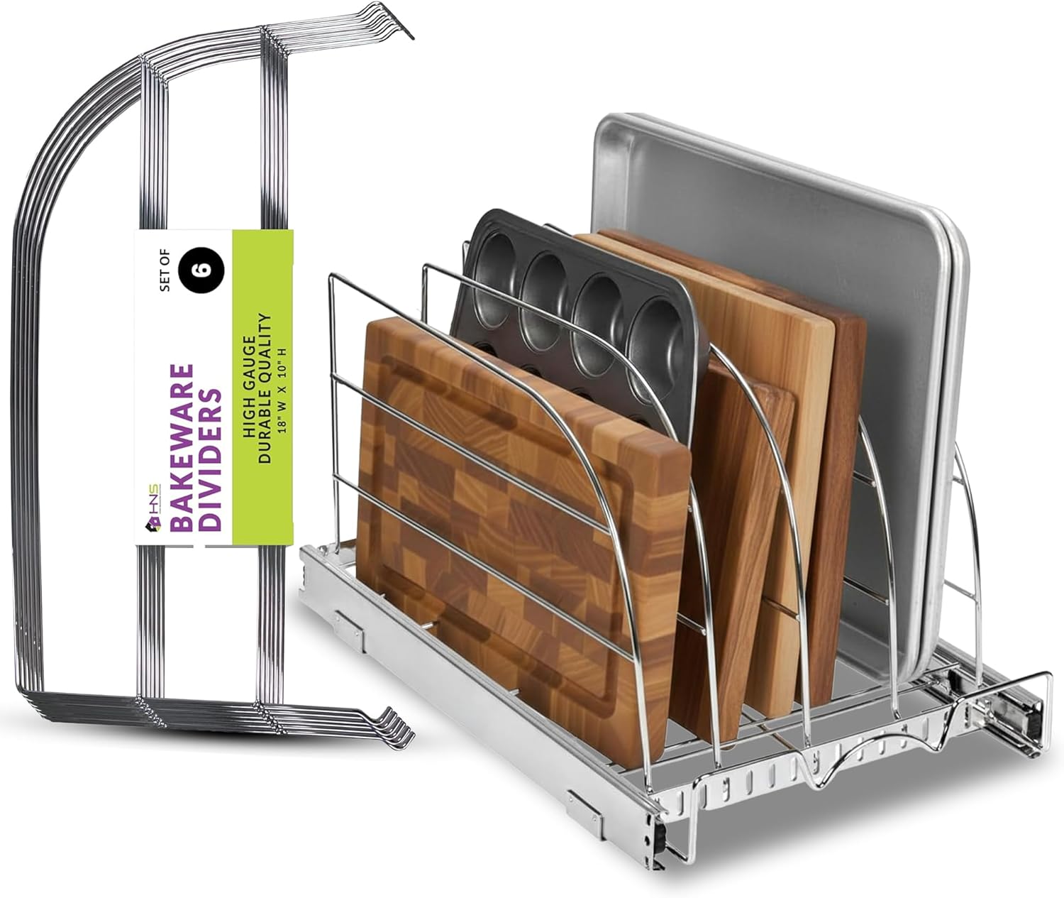 HOLDN’ STORAGE Bakeware Pull Out Storage Organizer plus 6 extra Metal Dividers -Sliding Storage Rack for Cookie Sheets, Cutting Boards, and Trays. Lifetime Limited Warranty - 12.5”W x 21”D - Chrome.