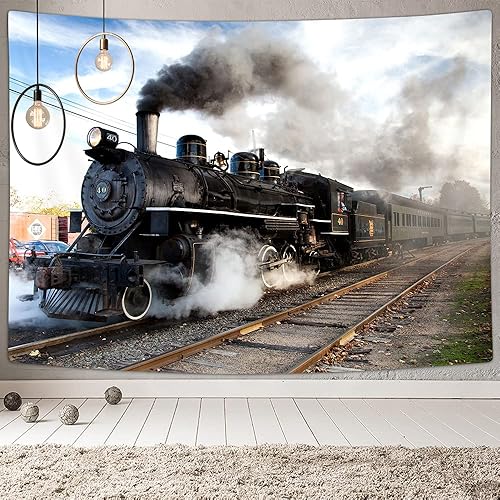 Vista 2 de VeiVian Tapiz de motor de vapor, tapiz antiguo de tren en vías de ferrocarril, tapiz temático de tren exprés, tapiz para colgar en la pared