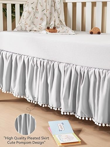 Miniatura 4 de TILLYOU Falda de cuna de bebé para niñas y niños, falda de cama con volantes con pompones, 28 x 52 pulgadas, caída de 14 pulgadas, color gris