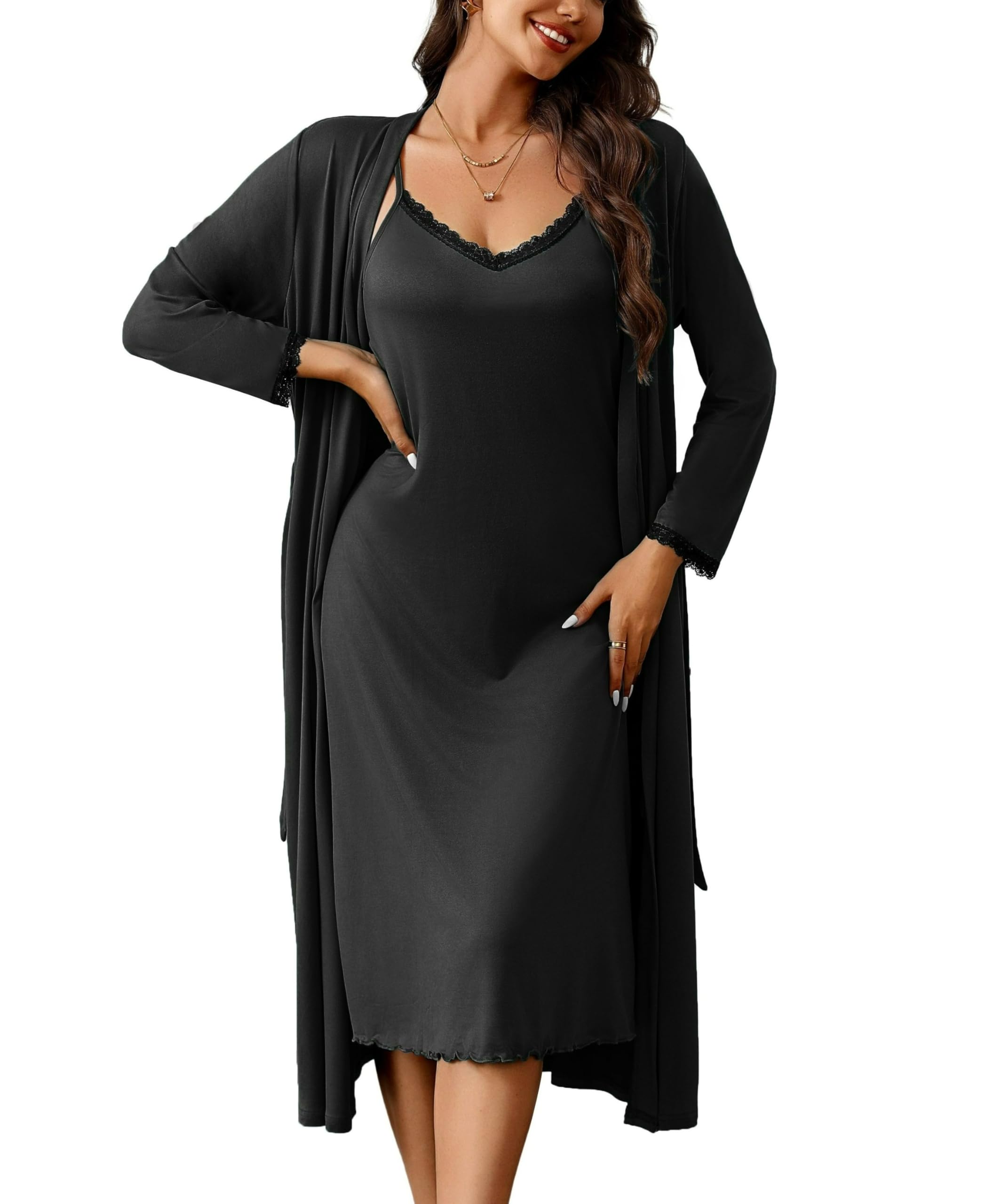 EkouaerWomen's Sexy Nightgown with Robes Set 2 Piece Lace Full Length Knit Soft Nightwear Lightweight Bathrobes S-XXL