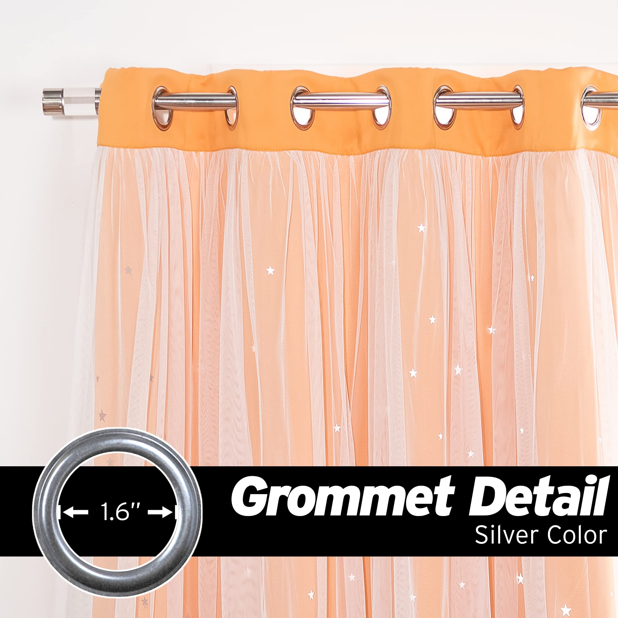 Best Home Fashion Set of 2 Tulle Overlay Star Cut Out Silver Grommet Curtains for Bedroom, Living Room, Kids Room, Sun Blocking Thermal Insulated Blackout Window Curtains (Orange, 52