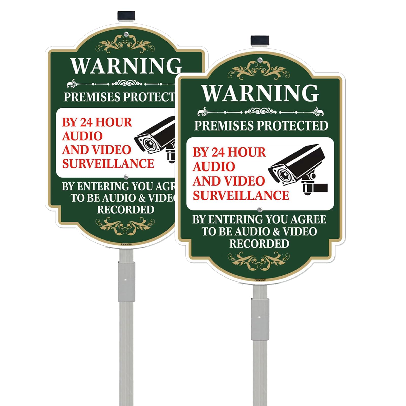 Lot de 2 panneaux de vidéosurveillance 24 heures avec piquets de 88,9 cm de hauteur, panneau de propriété privée en aluminium, protégé contre les UV, résistant à la décoloration