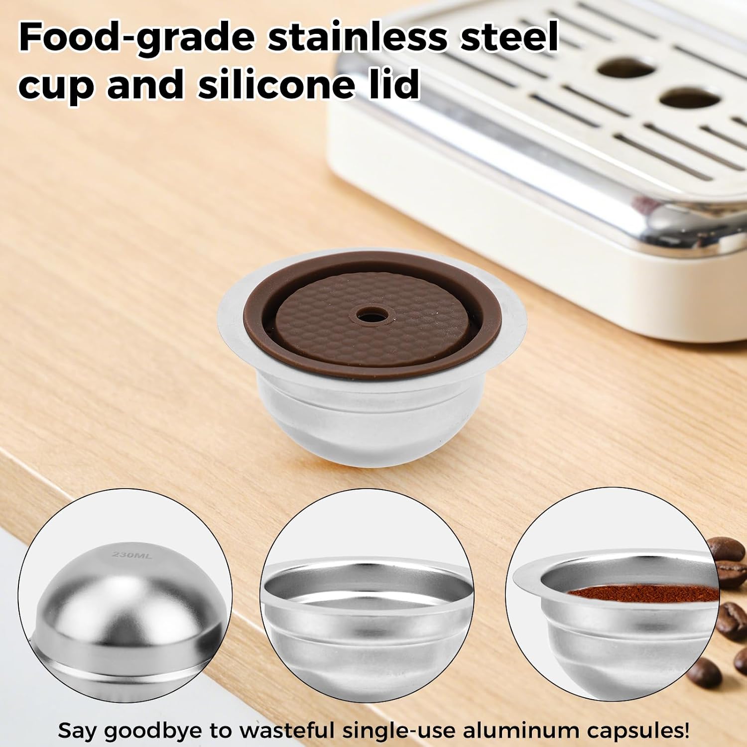 Reusable Capsules Compatible with Delonghi ENV150 ENV135 Vertuo Next/Pop VertuoLine GCA1/Plus, 58x29.5mm/2.28x1.16in Stainless Steel Upgraded Refillable Pods 230ml image 4