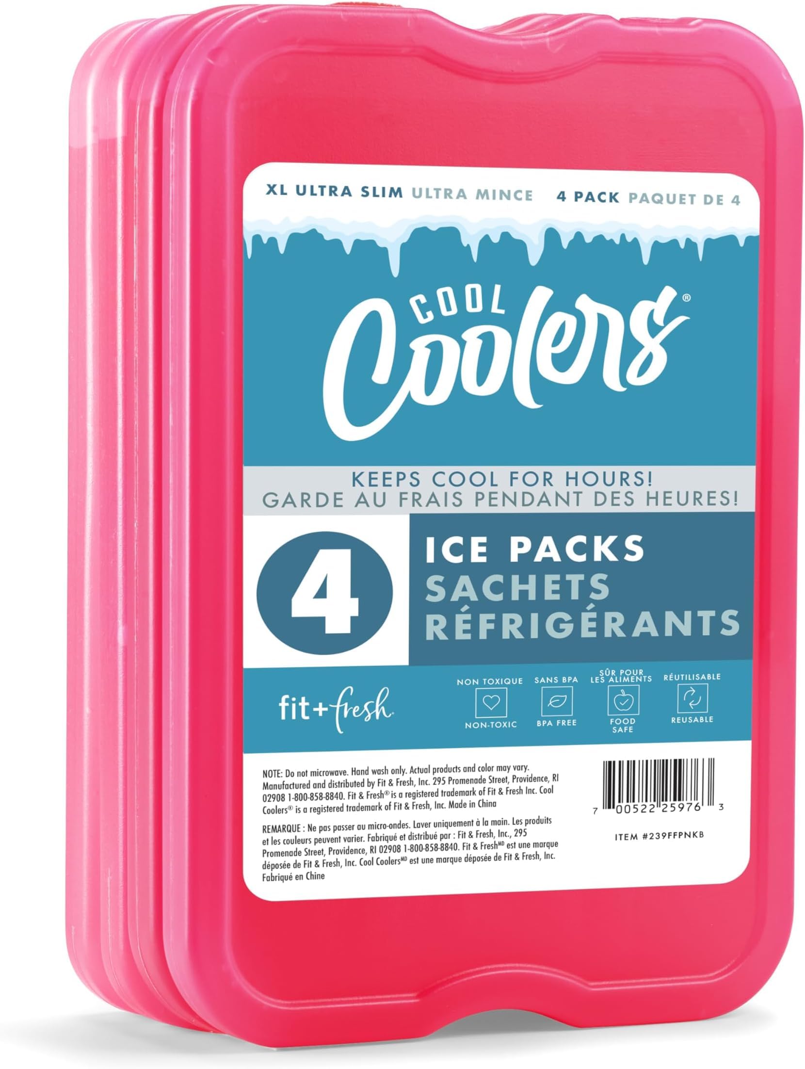 Cool Coolers by Fit &amp; Fresh 4 Pack XL Slim Ice Packs, Quick Freeze Space Saving Reusable Ice Packs for Lunch Boxes or Coolers
