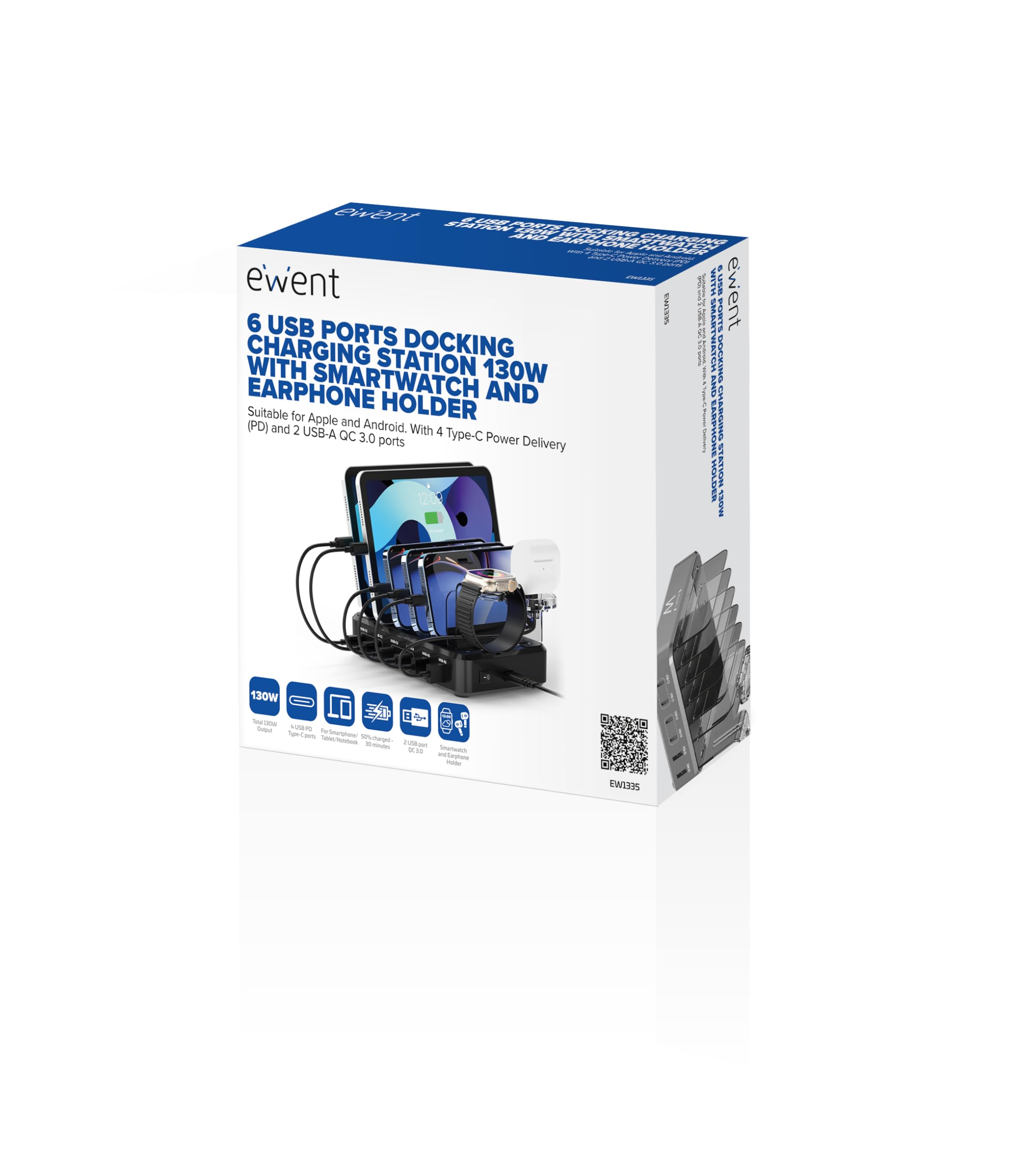 Ewent Estación de Carga Universal con 6 Puertos USB (4xUSB-C 65W + 2xUSB-A), Enchufe Europlug 130 W, con Soporte para SmartWatch y Auriculares, para Smartphone/Tablet/Portátil, Carga Rápida PD3.0/QC3.