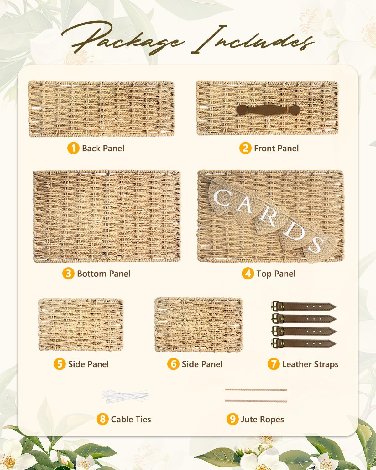 Large Card Box for Wedding 14.2" Seagrass Card Basket with Letter Flag