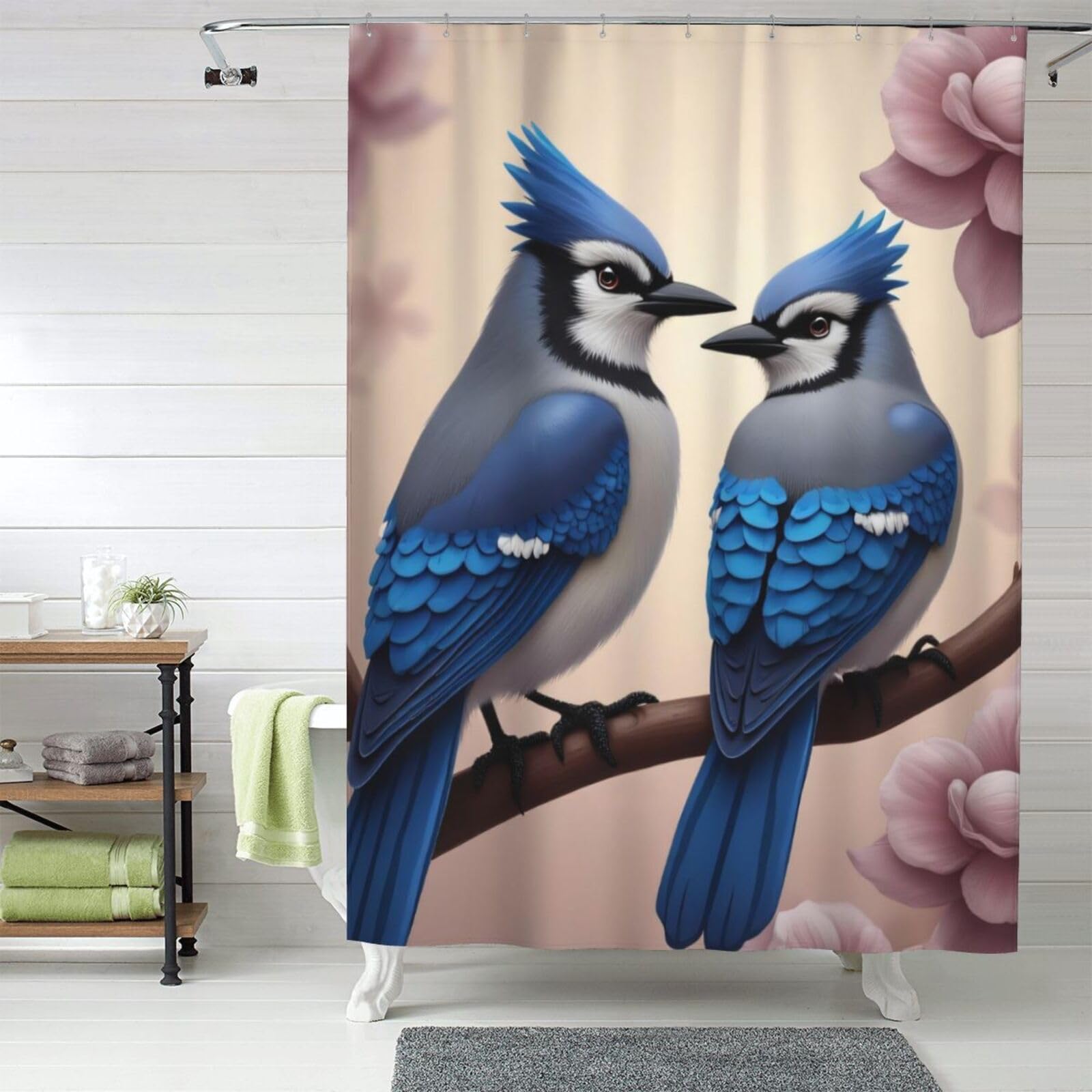 Rideau de douche en tissu pour salle de bain oiseau bleu moderne 152x183