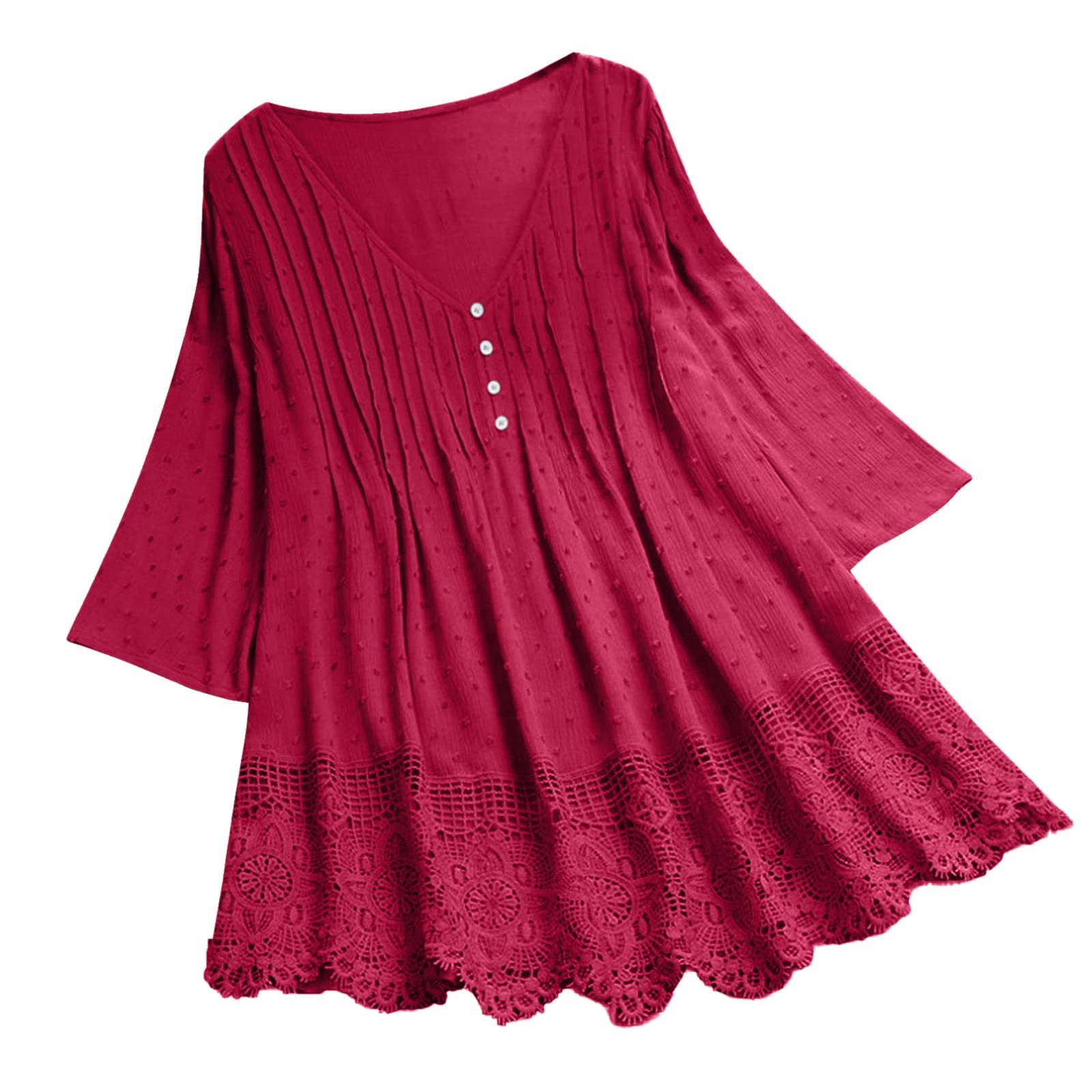 VEMOW Camisola Tops Mujer Vintage Jacquard Tres Cuartos de Encaje con Cuello en V Talla Grande Blusas Superior