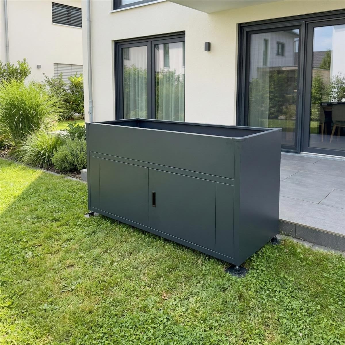 Metzler Hochbeet für den Garten mit Stauraum – Pulverbeschichteter Stahl in Anthrazit RAL 7016 | Witterungsbeständiges Metall-Gartenbeet, Pflanzenbeet, Blumenhochbeet | 160 x 85 x 50 cm