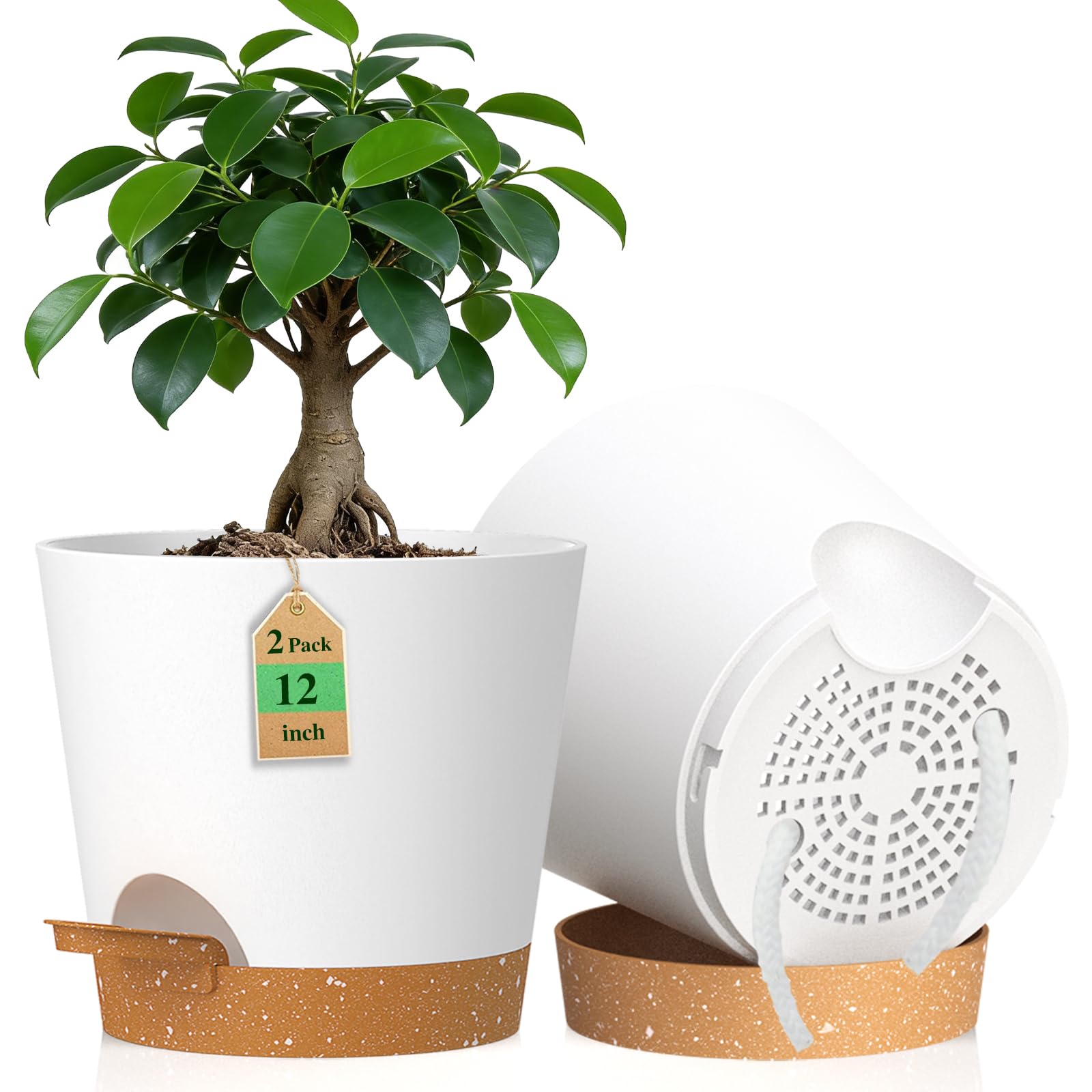 WSMKSZ 30 cm Large Self Watering Plant Pots Indoor Outdoor, 2 Pack 12 inch Thick Plastic Flower Pots with Drainage Holes & Deep Reservoirs, Planters with Cotton Wicks for House Plants, White Brown
