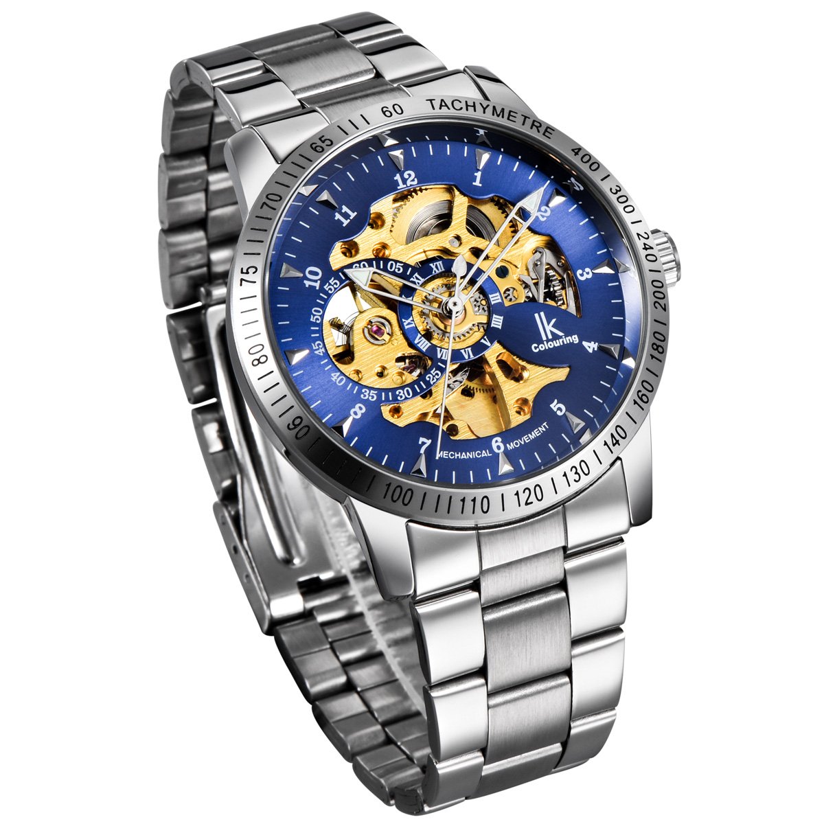 Alienwork IK Reloj Automático Hombre Mujer Plateado Pulsera de Metal Acero Azul Esqueleto