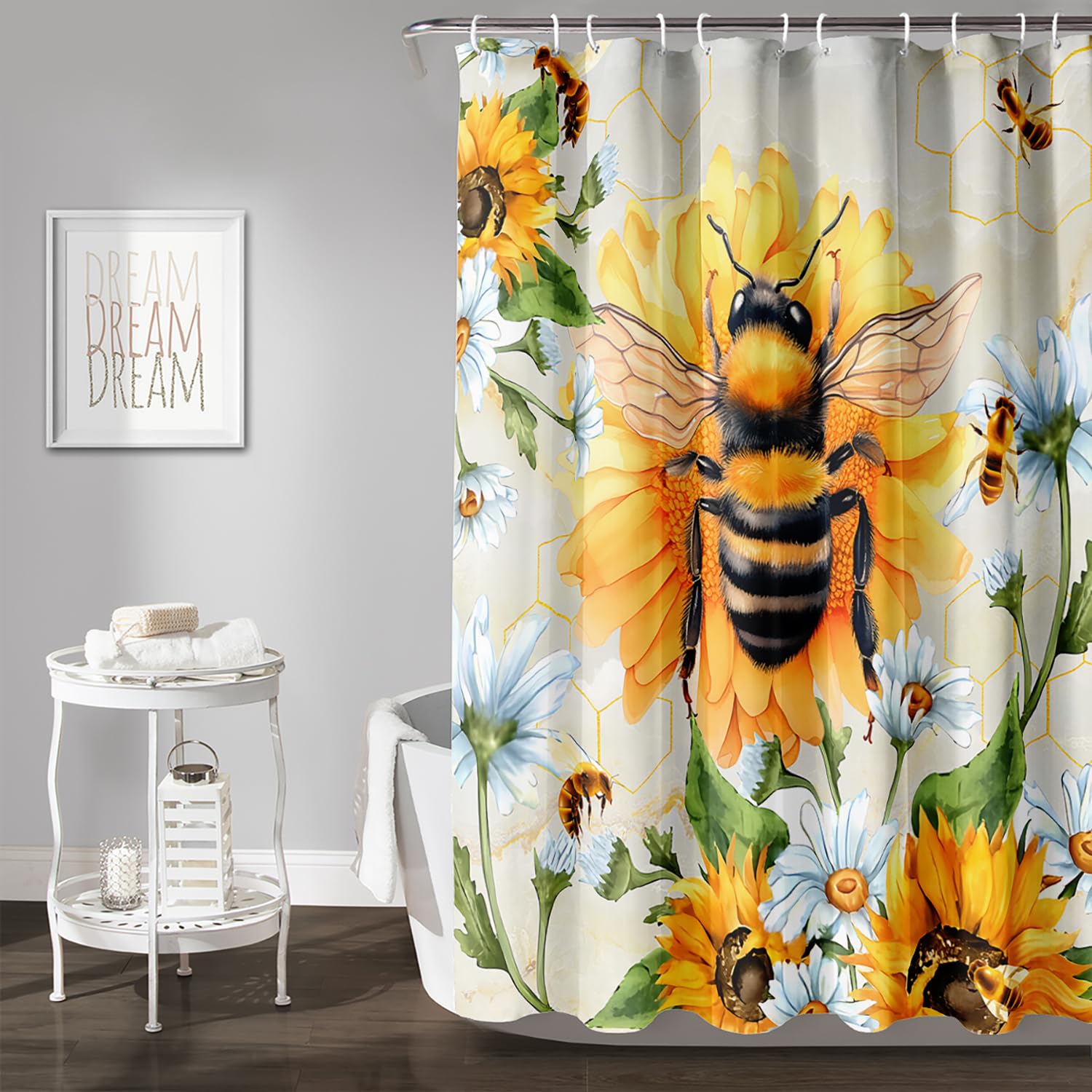 AILONEN Honey Bee Shower Curtain,Waterproof Sunflower Bath Curtain for Boys Girls Bathroom,Watercolor Yellow and White Floral Bees Print Curtain with Plastic Hooks, 72