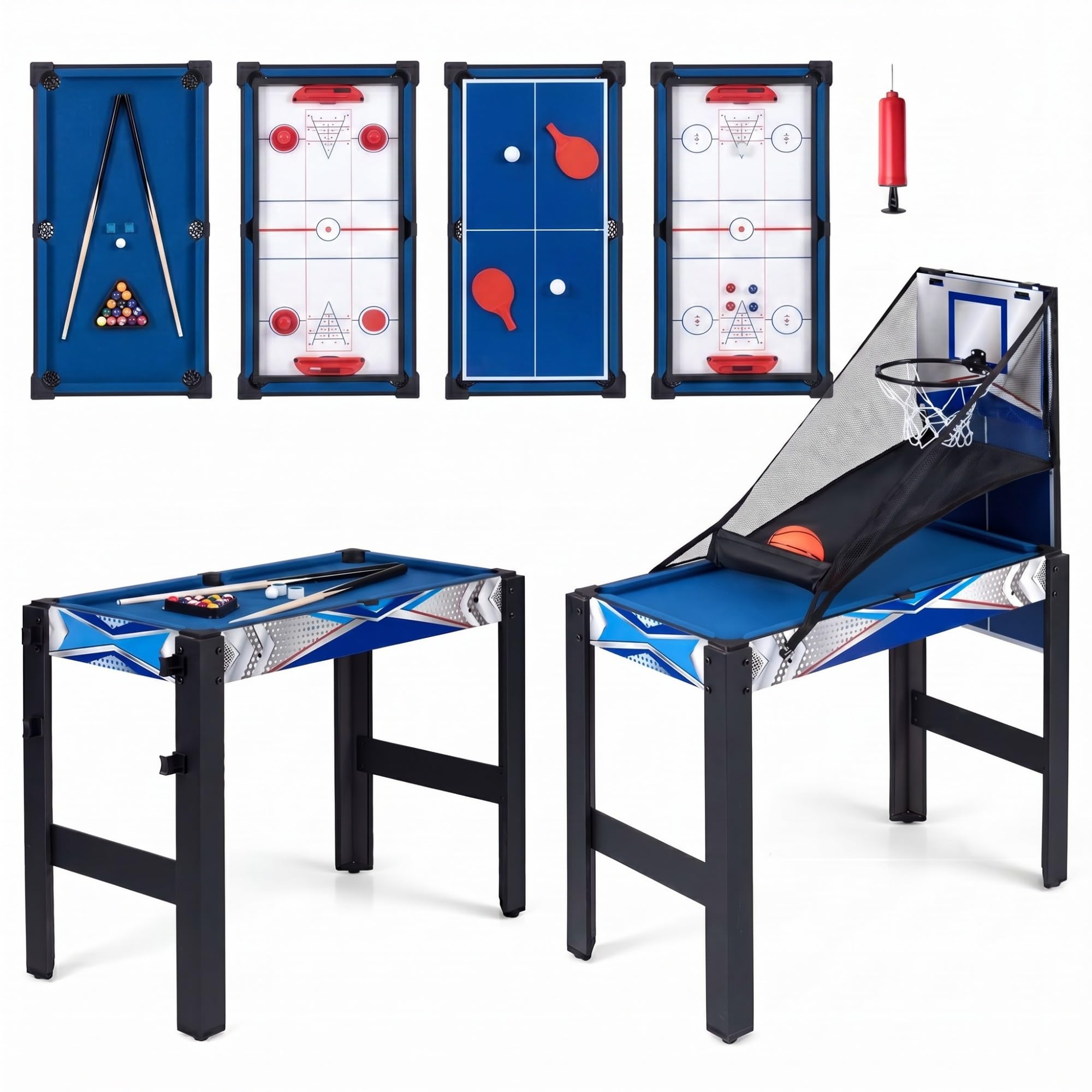 GOPLUS Mesa de Juegos 6 en 1, Mesa Multijuegos Combinada de Billar Hockey Baloncesto Ping Pong Bolos Shuffle, Patas de Metal, Diseño Apilable, Juego Arcade para Adultos y Niños, 96 x 43,5 x 74 cm