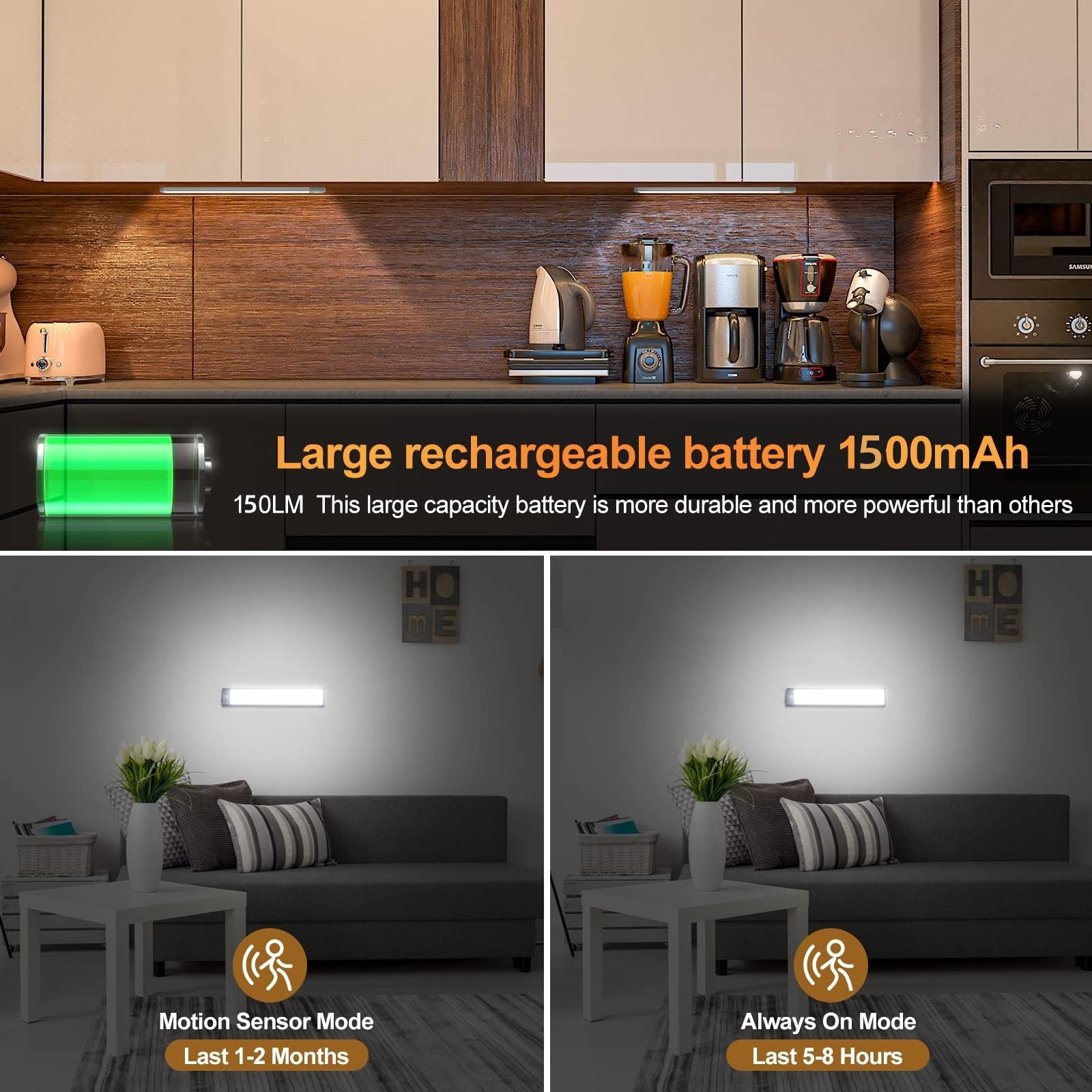 Paquete de 2 luces de gabinete con sensor de movimiento, recargables, inalámbricas, 30 LED magnéticas, autoadhesivas, para cocina, dormitorio, armario