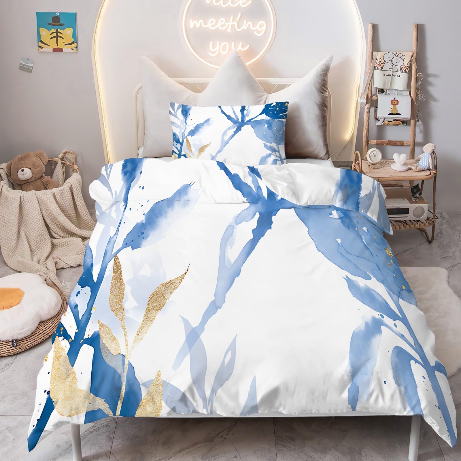 Housse de Couette 200x220 Fleurs Tendance, avec 2 Taie d'oreiller 65x65 Cm, Parure de Lit 200x220 cm Adulte Plantes Aquarelle Bleues, Microfibre, Linge de Lit Fermeture éclairm -RZ46