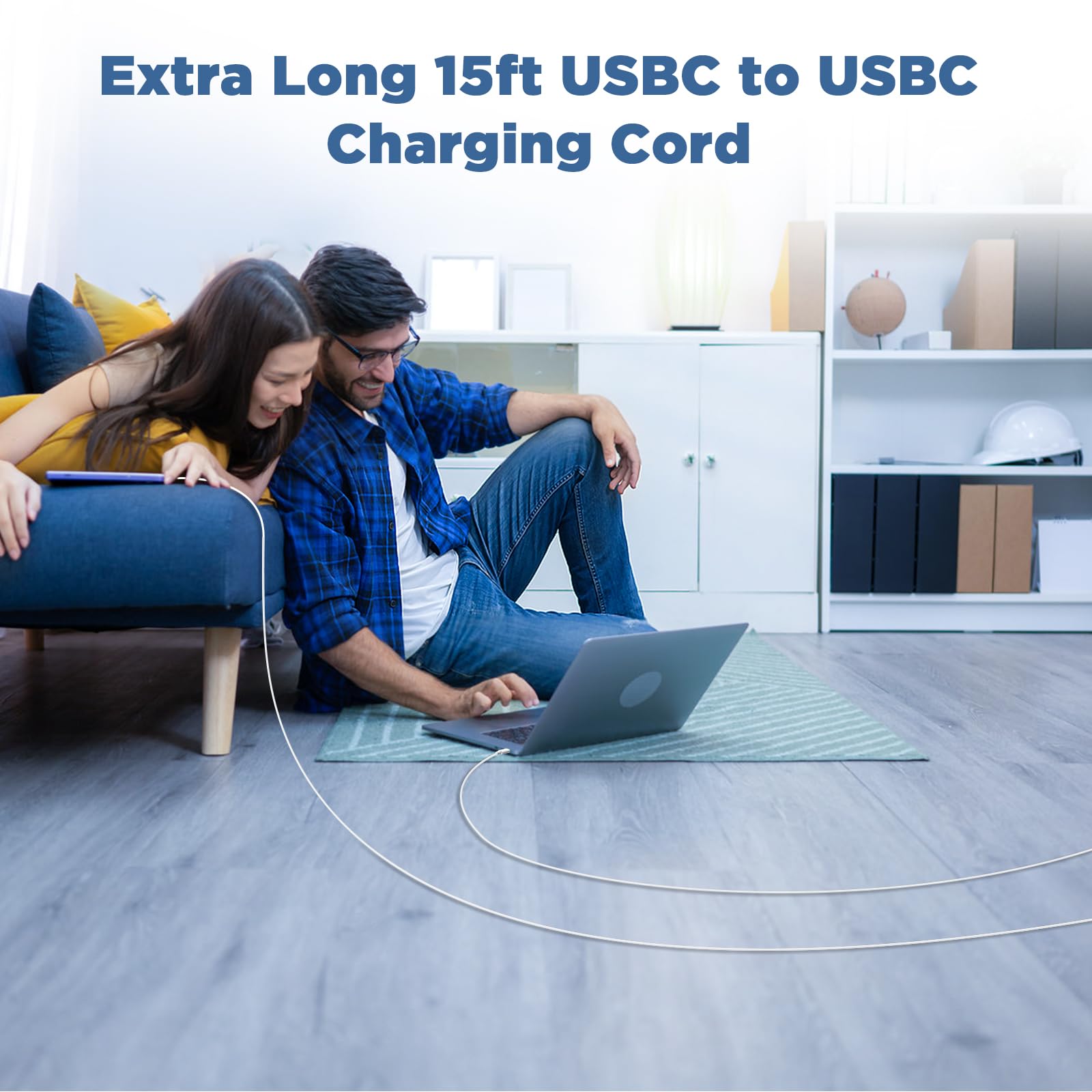 Cable largo USB C a USB C de 15 pies para iPhone 16 15 Pro Max, 60 W de carga rápida tipo C a tipo C para iPhone 16 15/16 15 Plus/16 15 Pro, iPad Pro/Mini/Air, MacBook, Galaxy S25 Ultra S24-blanco