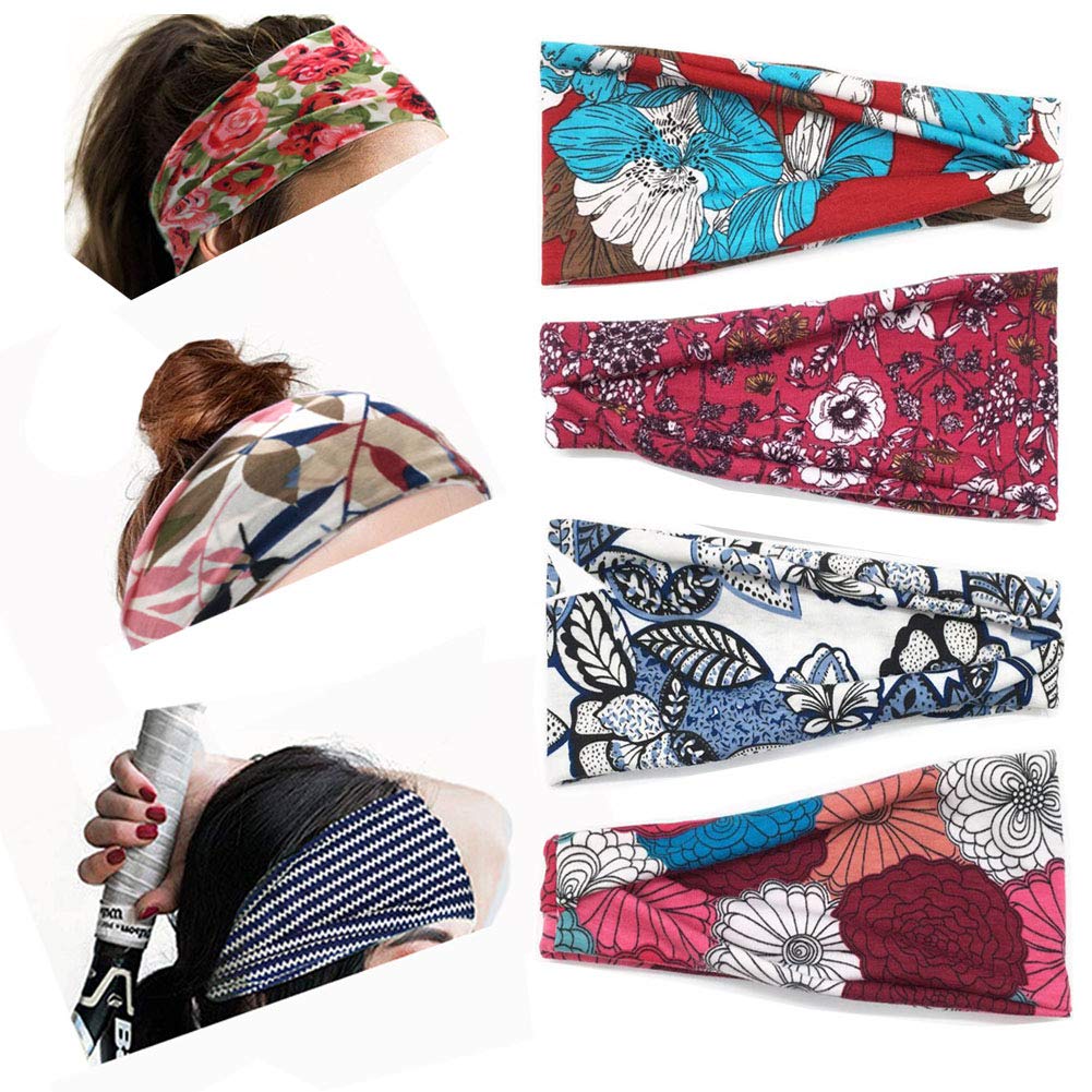 XZEN 4 Pack Women Headband Printed Wide Side Folded Hairband Yoga Hair Band Daily Headband (set B)