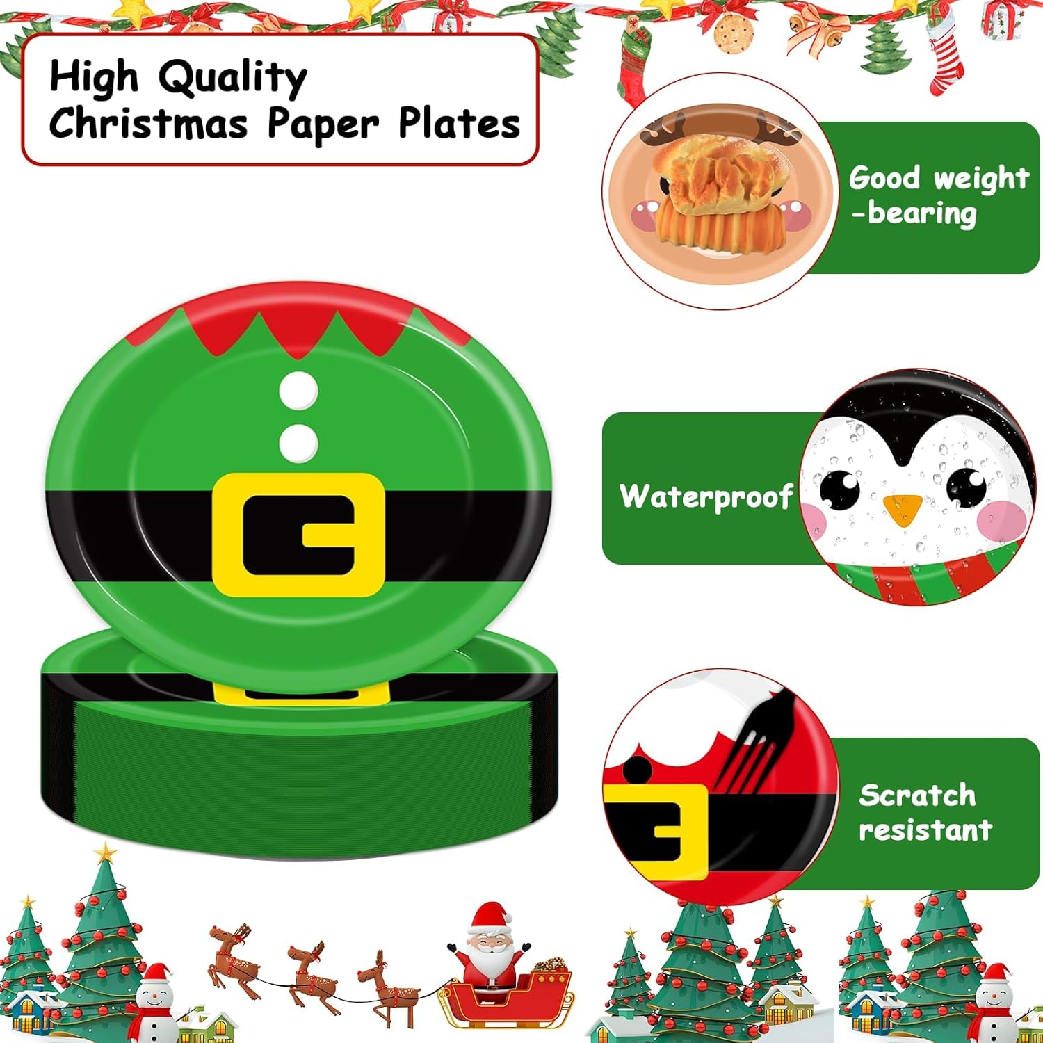 Wiooffen 100PCS Christmas Oval Paper Plates Platters Large 11inch Disposable Christmas Santa Oval Dinner Plates Snowman Dish Tray Party Decorations for Xmas Winter Holiday Party Tableware Supplies