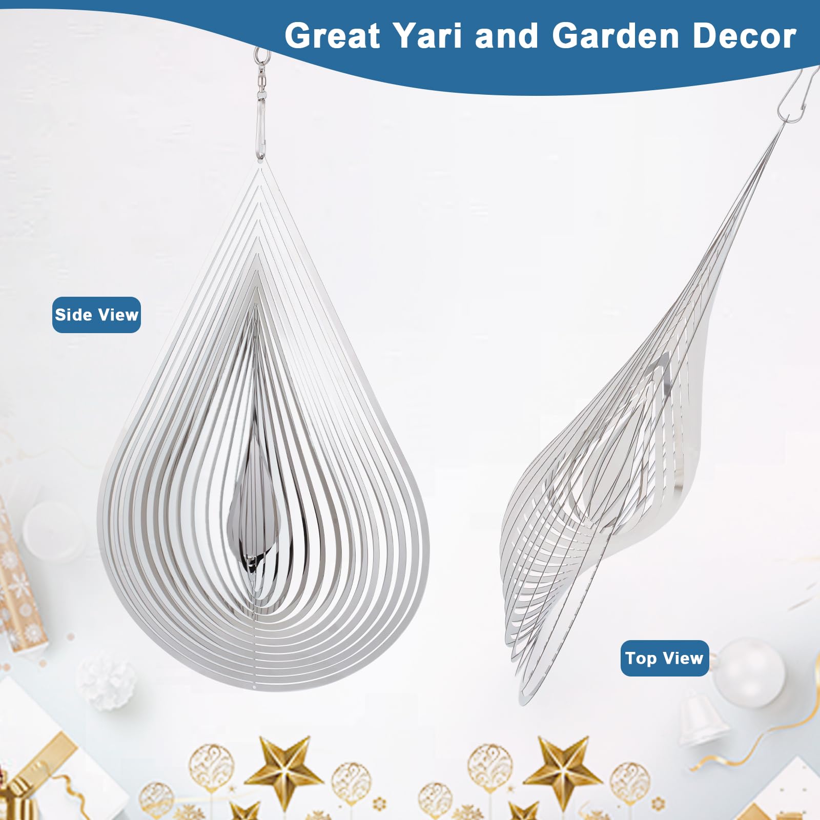 CosyCorner Windspiel mit fließendem Lichteffekt, Hofdekorationen aus Edelstahl, Haus hängende Dekoration, 30,5 x 20,3 cm, Spinner mit einem um 360° drehbaren Haken (Wassertropfen, Silber)