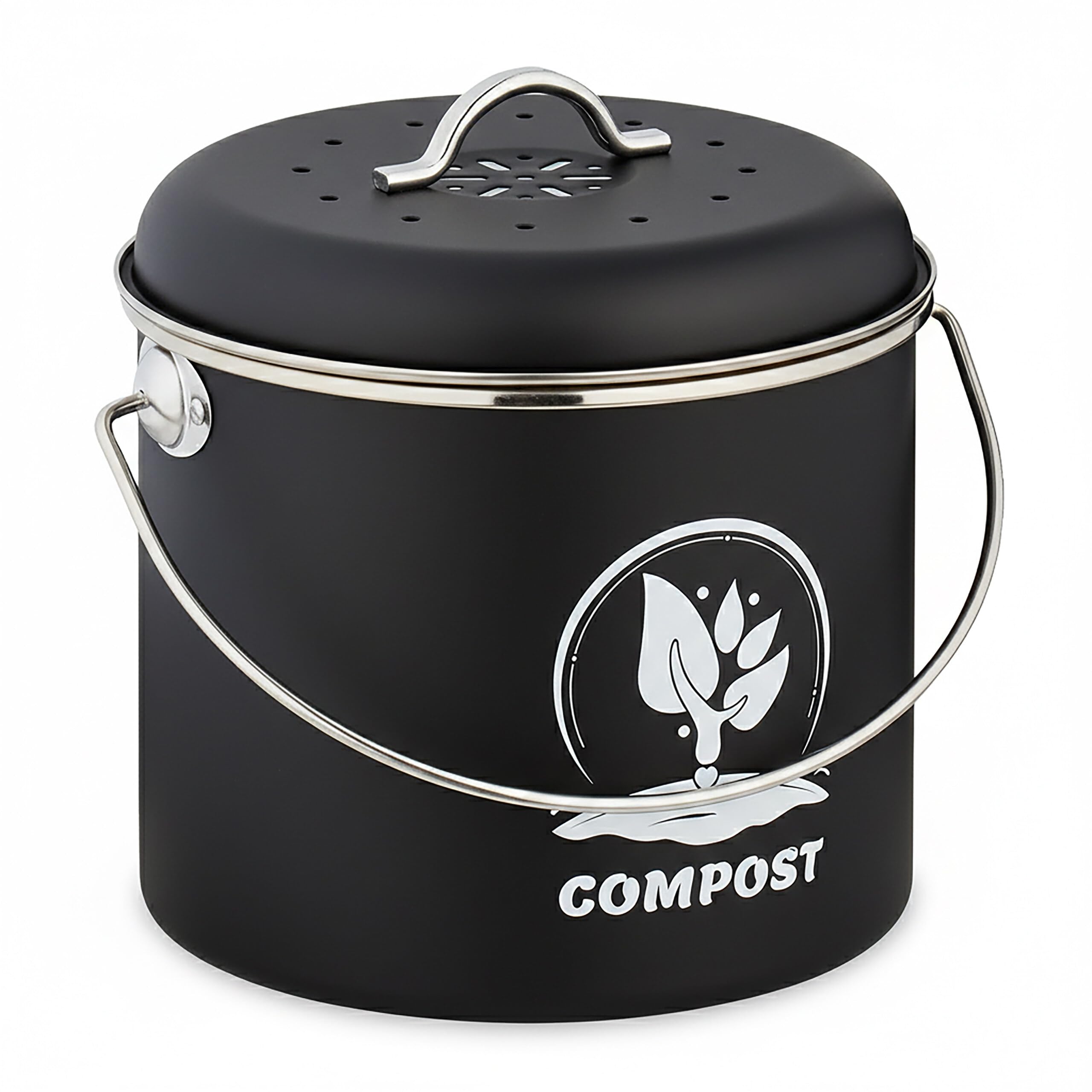 Relaxdays Kitchen Compost Bin, 3.5 Litres, Iron, 2 Charcoal Odour Filters, with Lid & Handle, Food Waste Caddy