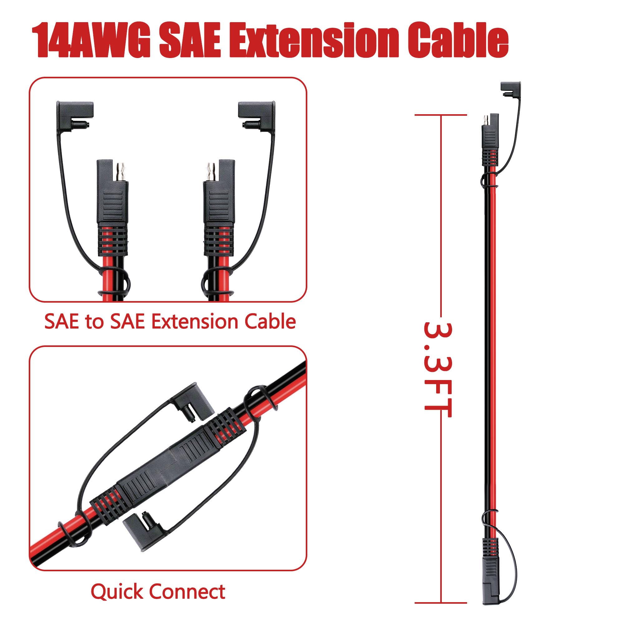 Magiktech 1.6/3.3/6.5/13/25/50 FT SAE to SAE Extension Cable 14 AWG,SAE Adapter Cable,SAE Ports Wire for Solar Panel Battery Automotive RV Camp Trailer Tractor (3.3FT/1M)