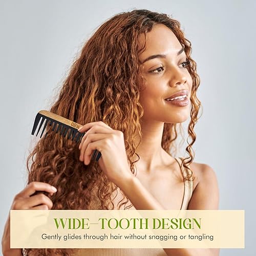 Miniatura 4 de OREN'S - Peine de baquelita de bambú, diseño de dientes anchos antiestático para cabello grueso y encrespado