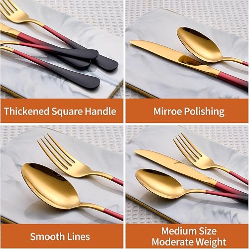 Miniatura 3 de Juego de cubiertos de 20 piezas, negro, rojo y dorado 180 para 4, incluye cuchillo de cena, tenedores de cena, cucharas de cena, tenedores de