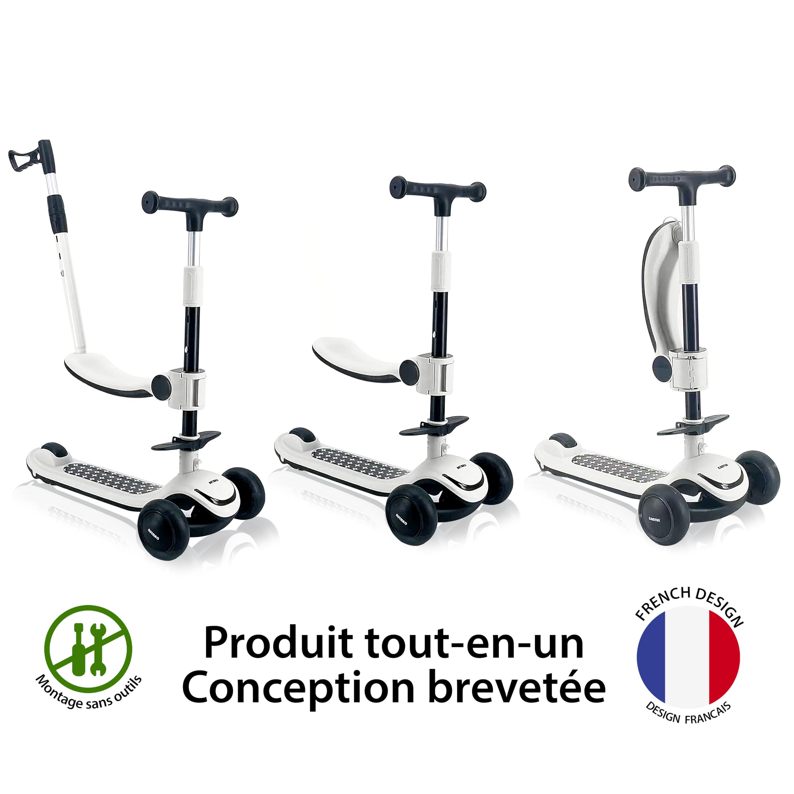 Draisienne Trottinette Enfant 3-en1 avec éclairage LED, Ajustable, Pliable, Roues en PU - Tricycle Bébé Évolutif, pour Les Enfants de 2 à 10 Ans Fille & Garçon
