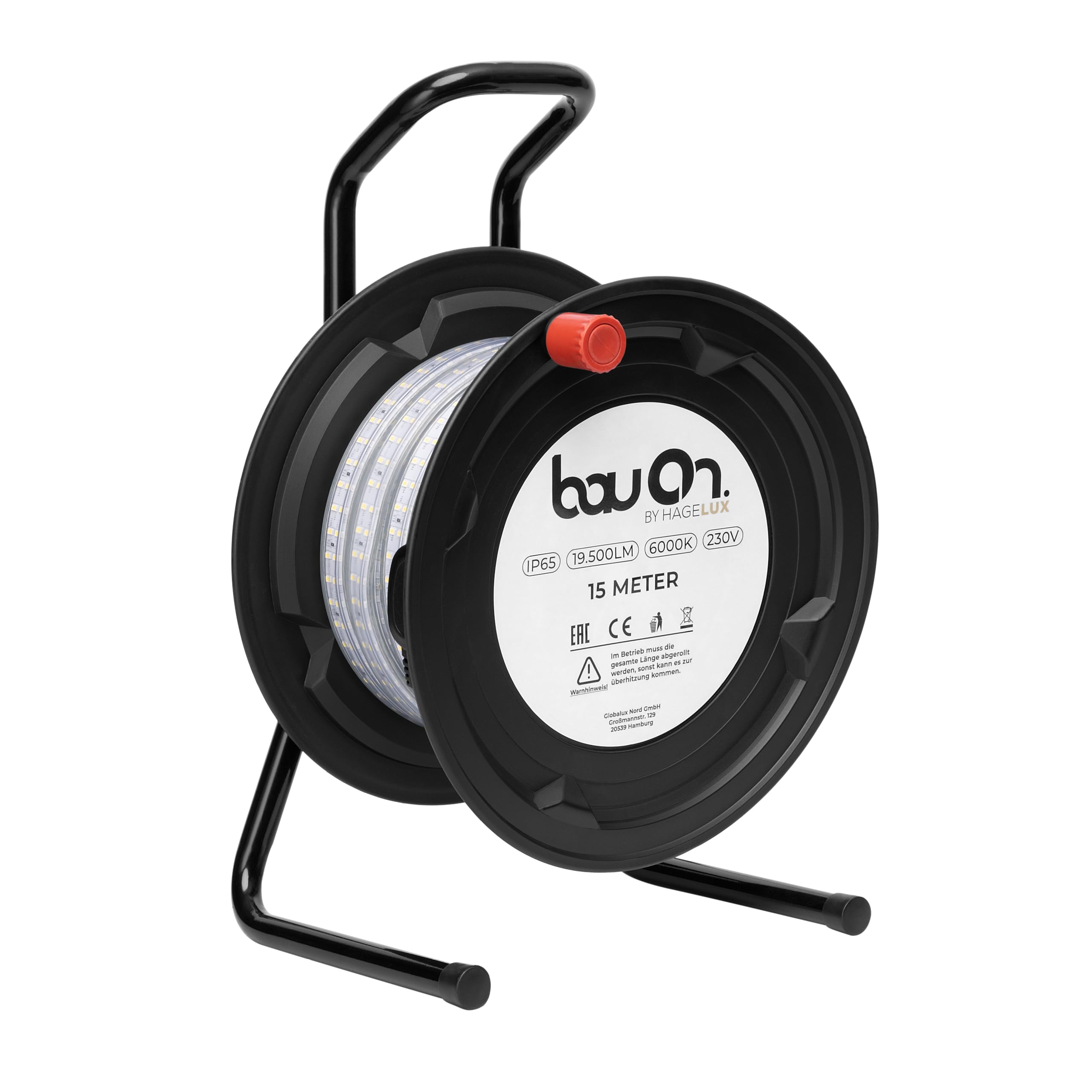 BauOn 15Meter LED Baustellenbeleuchtung LED Trommel, 6000k, 19500lm, IP65, 230V, Innen- & Außenbereich, Lichtschlauch auf Trommel, robuste Arbeitsleuchte für Baustelle & Werkstatt