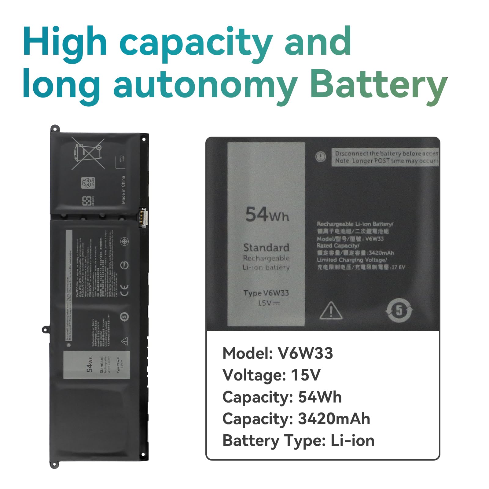 54Wh V6W33 TN70C G91J0 Laptop Batteria per Dell Latitude 3320 3420 3520 Inspiron 14 Plus 7420 3510 3511 3515 3520 3525 3535 5310 5410 5415 5418 5510 5515 5518 5410 7415 7420 7425 7430 7435 7620 2-in-1